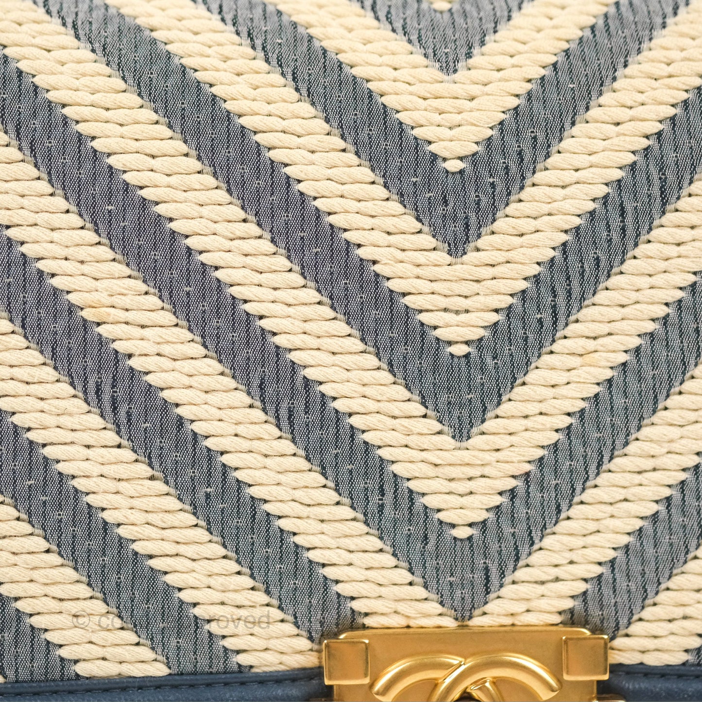 Chanel Medium Boy Chevron Braided Fabric Navy Calfskin Aged Gold Hardware