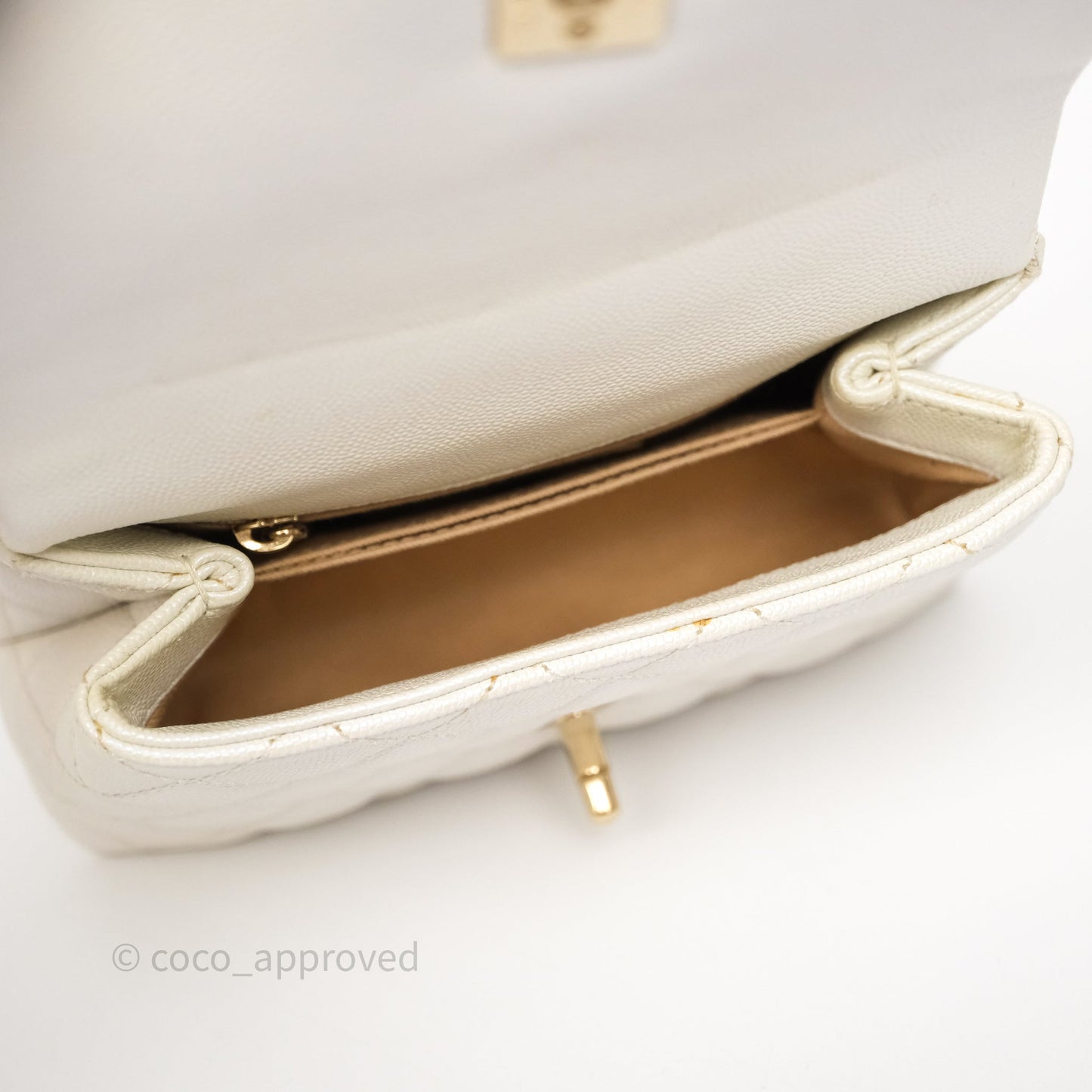 Chanel Mini Coco Handle Quilted Iridescent White Caviar Gold Hardware