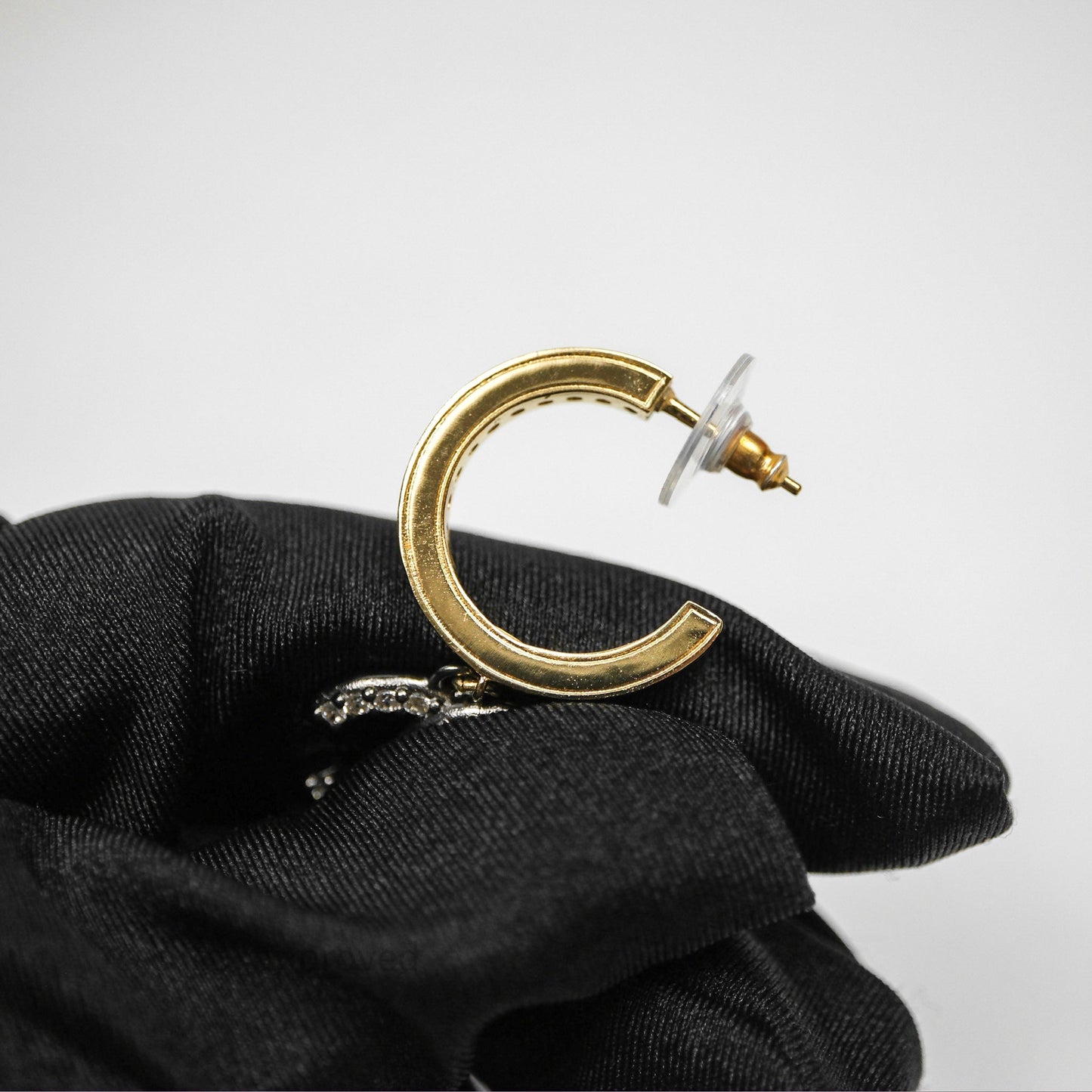 Chanel CC Hoop Logo Crystals Gold Gun Metal Earrings 20A