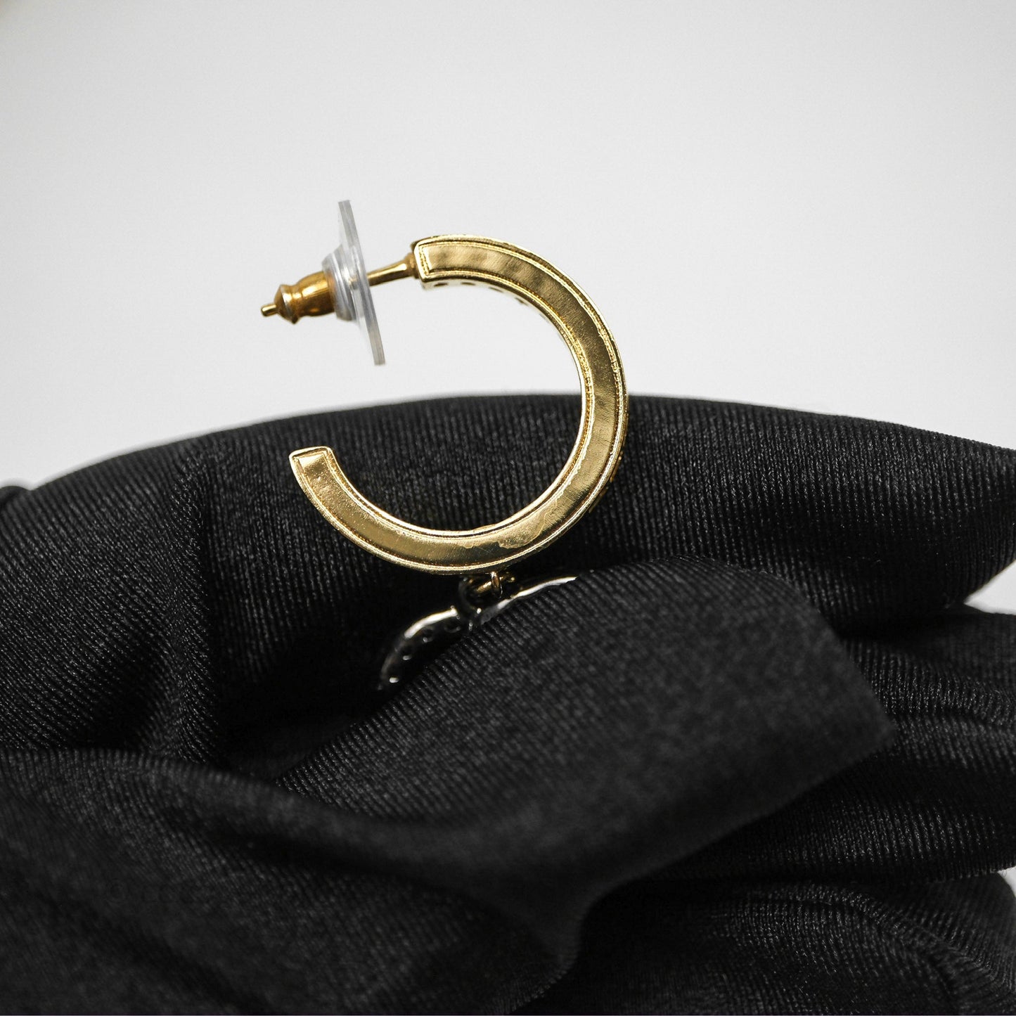 Chanel CC Hoop Logo Crystals Gold Gun Metal Earrings 20A