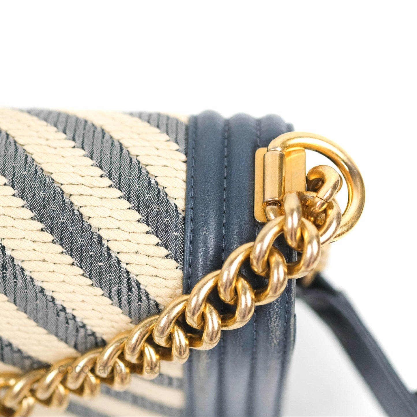 Chanel Medium Boy Chevron Braided Fabric Navy Calfskin Aged Gold Hardware