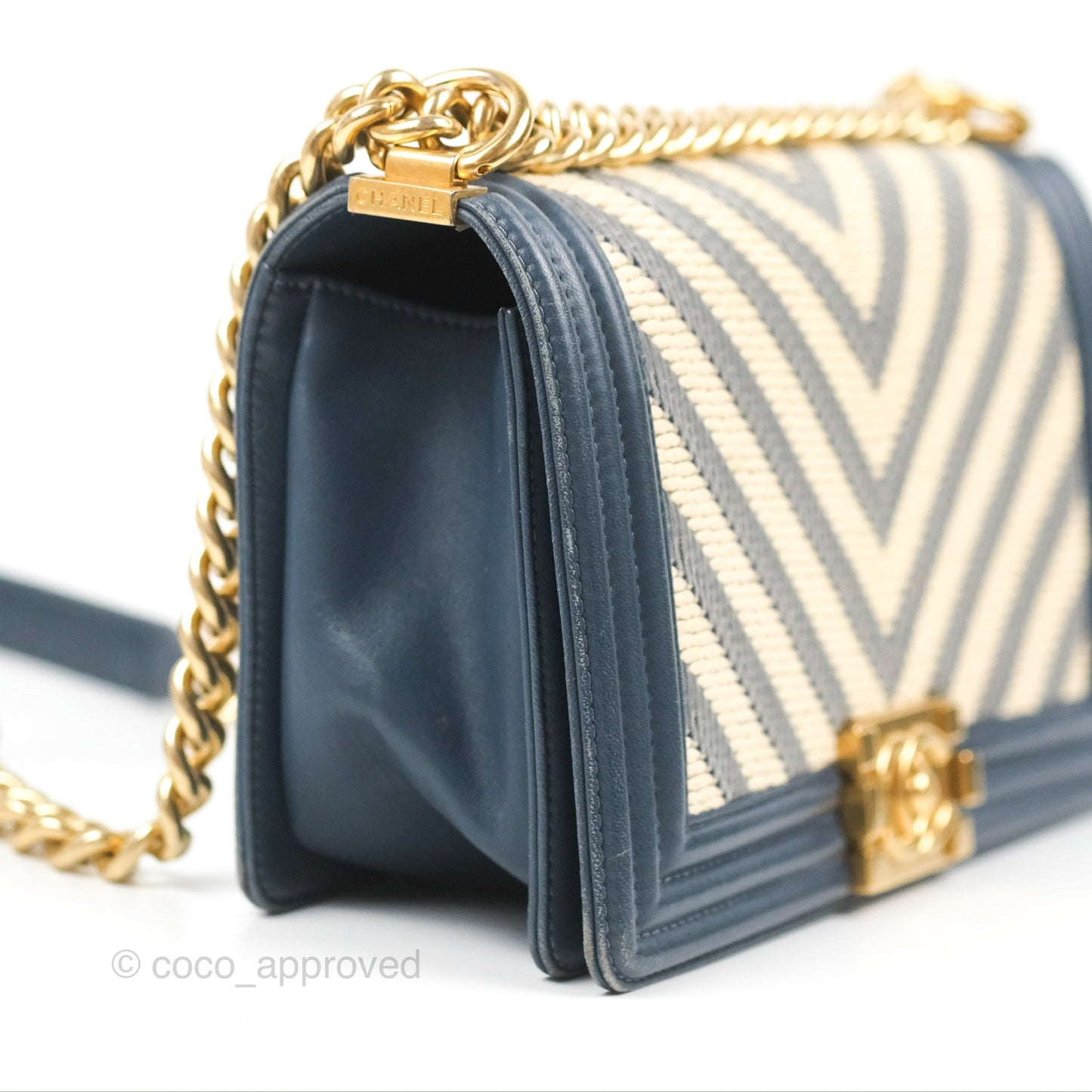 Chanel Medium Boy Chevron Braided Fabric Navy Calfskin Aged Gold Hardware