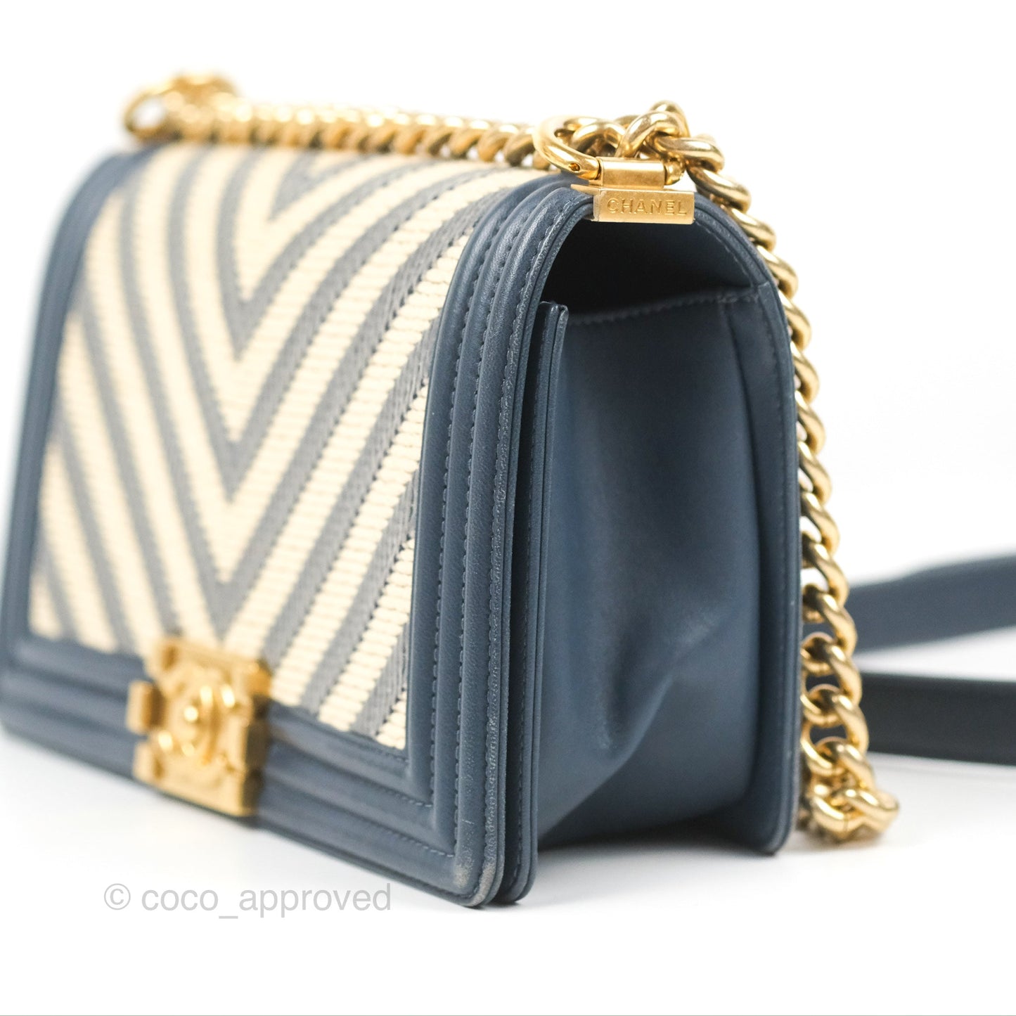 Chanel Medium Boy Chevron Braided Fabric Navy Calfskin Aged Gold Hardware