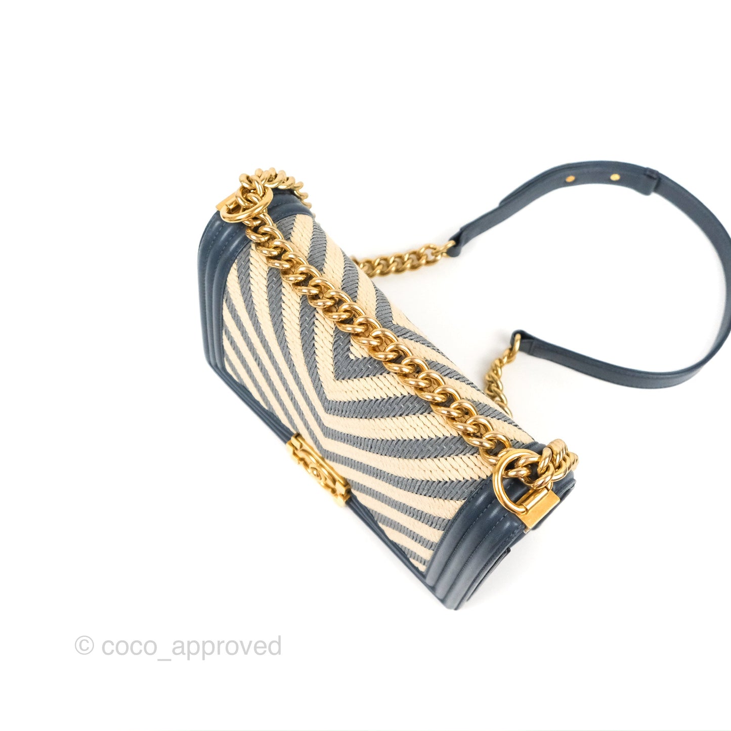 Chanel Medium Boy Chevron Braided Fabric Navy Calfskin Aged Gold Hardware