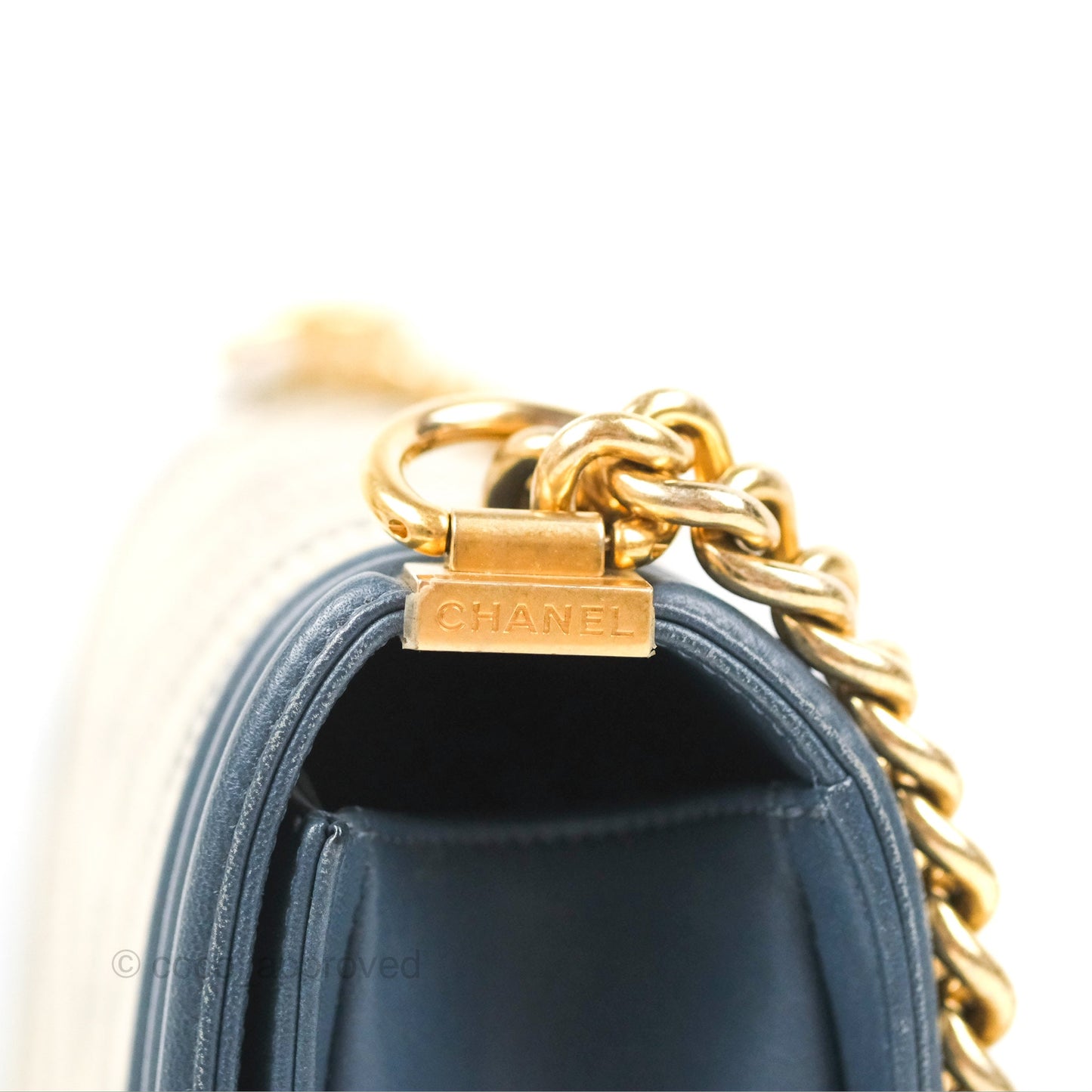 Chanel Medium Boy Chevron Braided Fabric Navy Calfskin Aged Gold Hardware