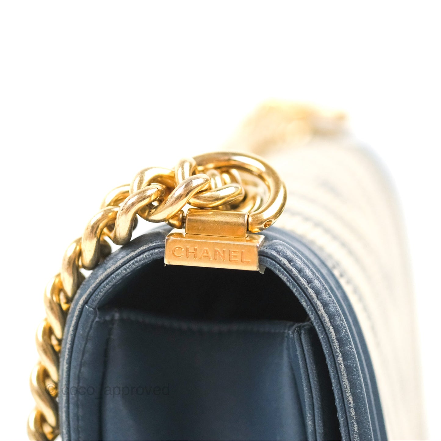 Chanel Medium Boy Chevron Braided Fabric Navy Calfskin Aged Gold Hardware