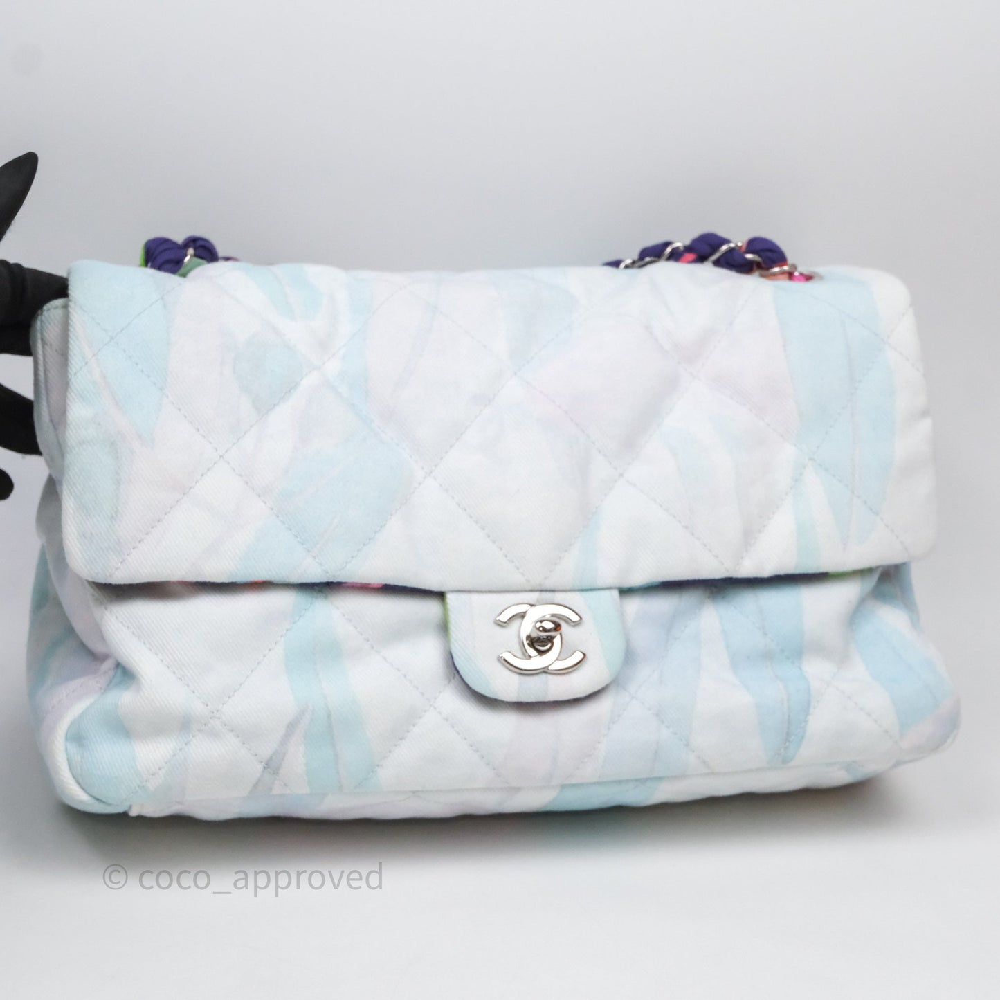 Chanel Single Flap Bag Blue Watercolour Denim Silver Hardware