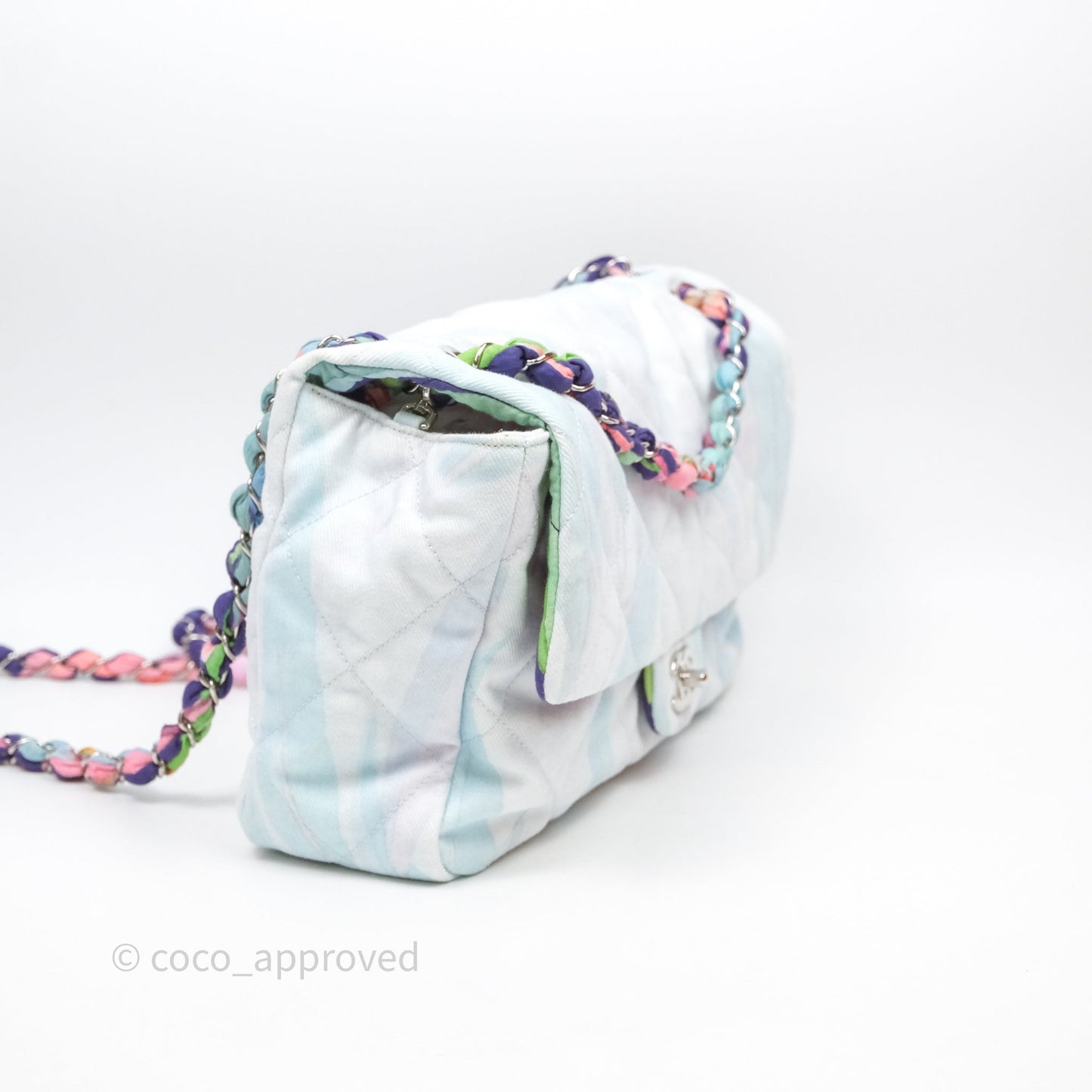 Chanel Single Flap Bag Blue Watercolour Denim Silver Hardware