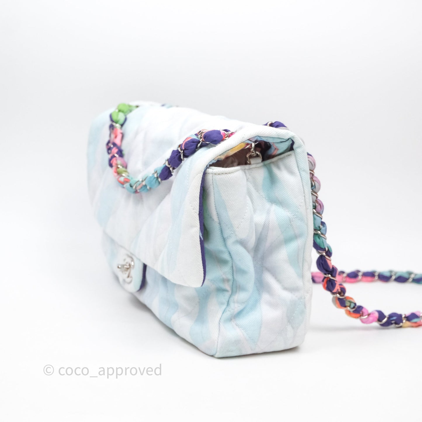 Chanel Single Flap Bag Blue Watercolour Denim Silver Hardware