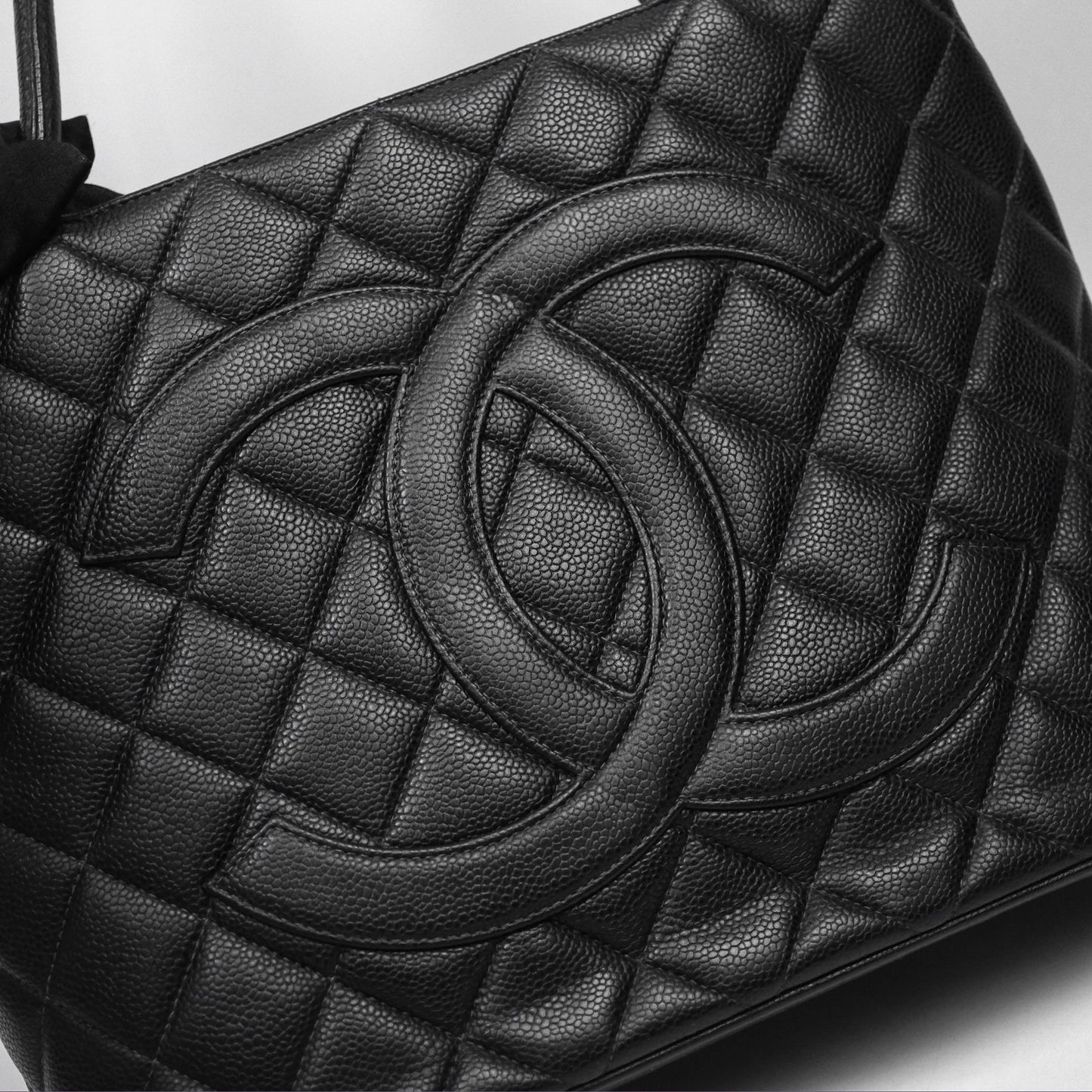 Chanel Vintage Medallion CC Black Caviar Tote Bag Gold Hardware