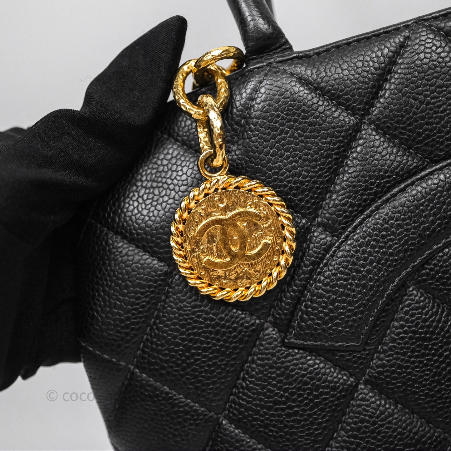 Chanel Vintage Medallion CC Black Caviar Tote Bag Gold Hardware