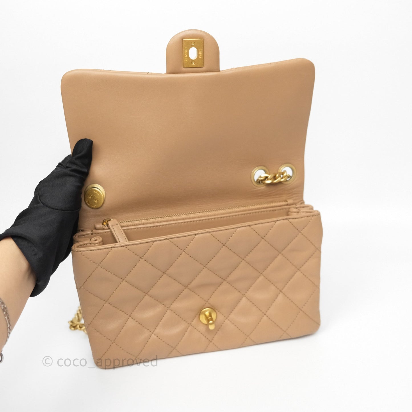 Chanel Medium All Slide Adjustable Chain Flap Beige Lambskin Aged Gold Hardware
