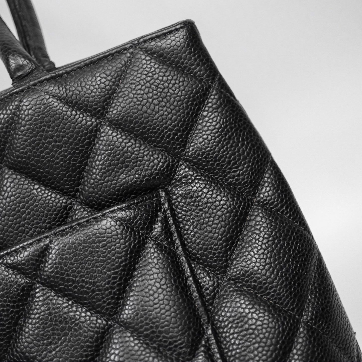 Chanel Vintage Medallion CC Black Caviar Tote Bag Gold Hardware