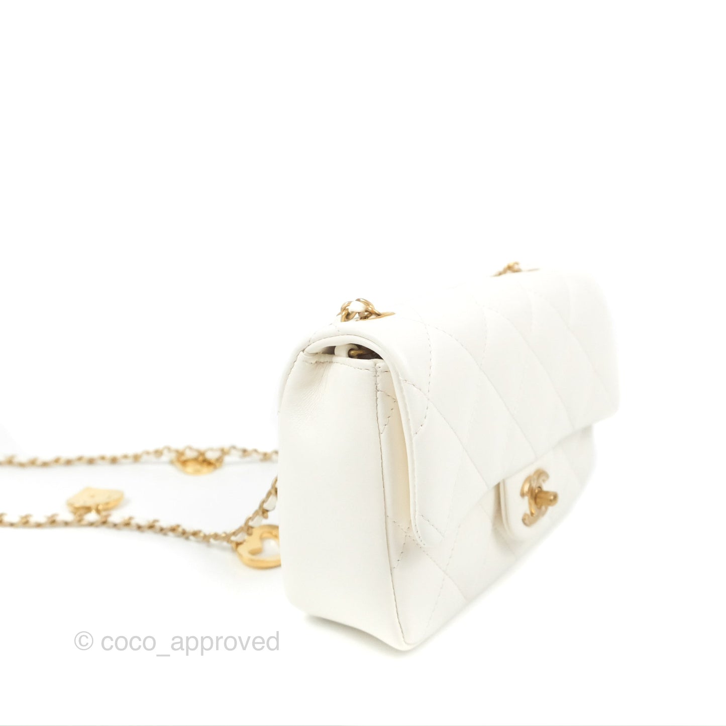 Chanel Mini Flap Bag With Heart CC Charm White Lambskin Aged Gold Hardware