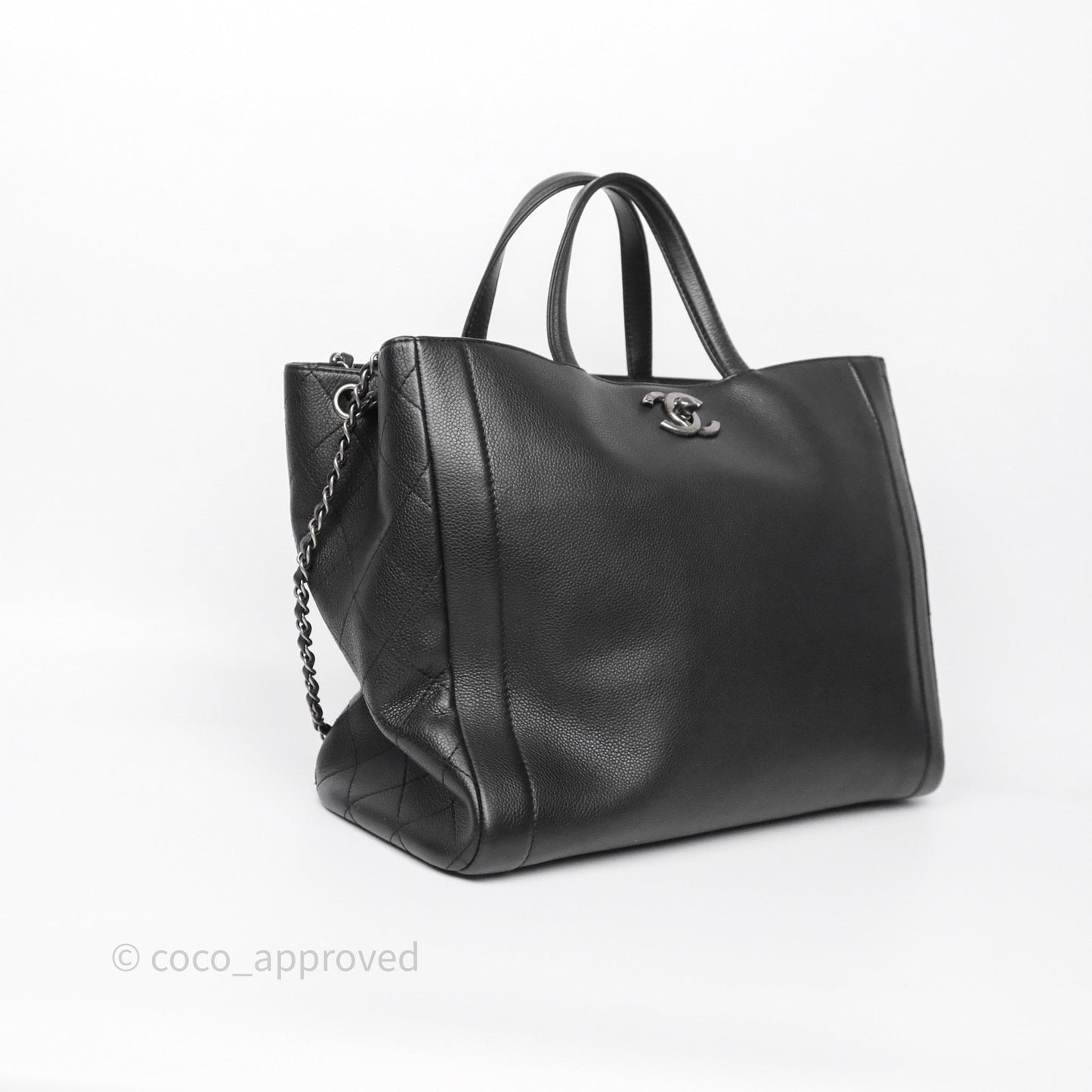 Chanel Shopping Tote Bag with Top Handle Black Caviar Ruthenium Hardware