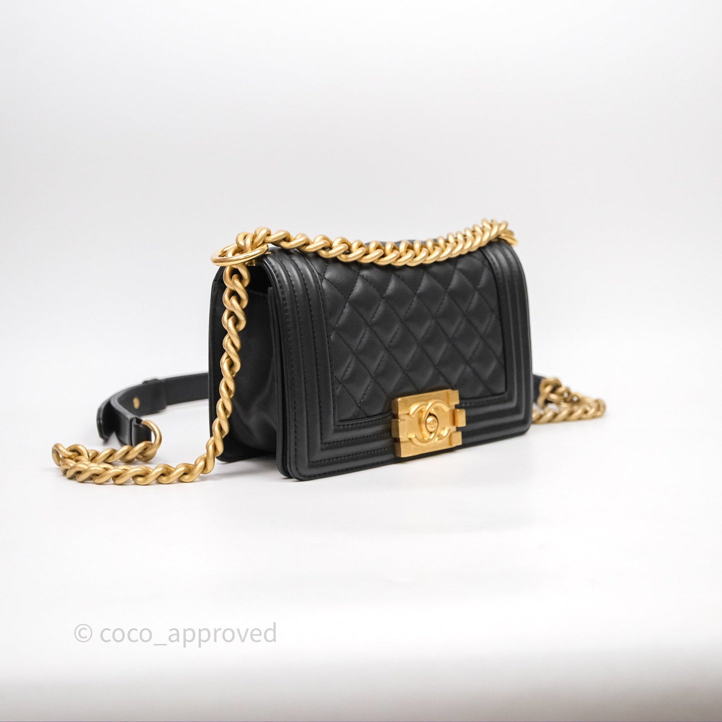 Chanel Small Boy Quilted Black Calfskin Aged Gold Hardware