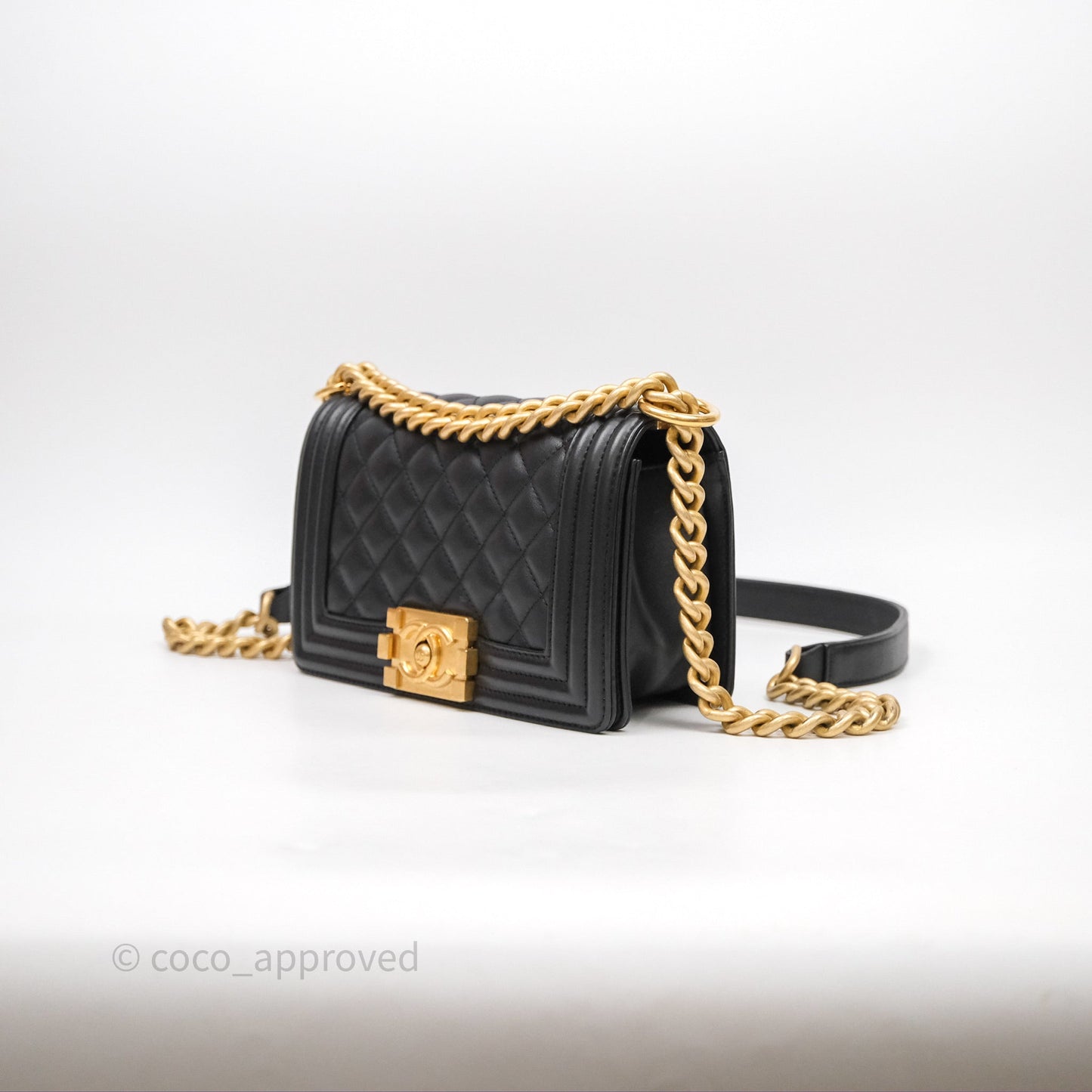 Chanel Small Boy Quilted Black Calfskin Aged Gold Hardware