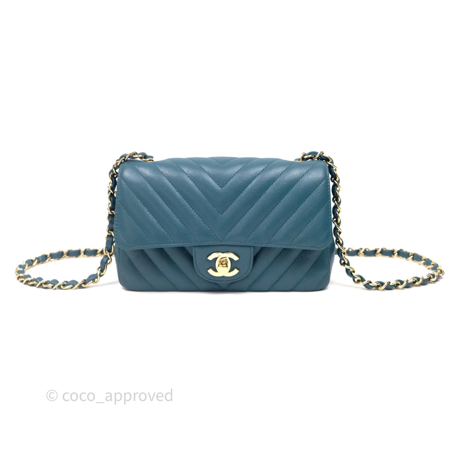 Chanel Mini Rectangular Chevron Caviar Flap Bag Green Gold Hardware
