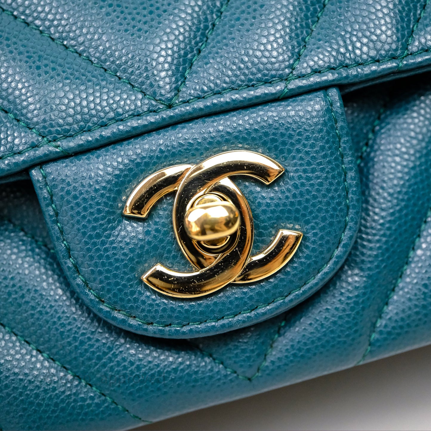 Chanel Mini Rectangular Chevron Caviar Flap Bag Green Gold Hardware
