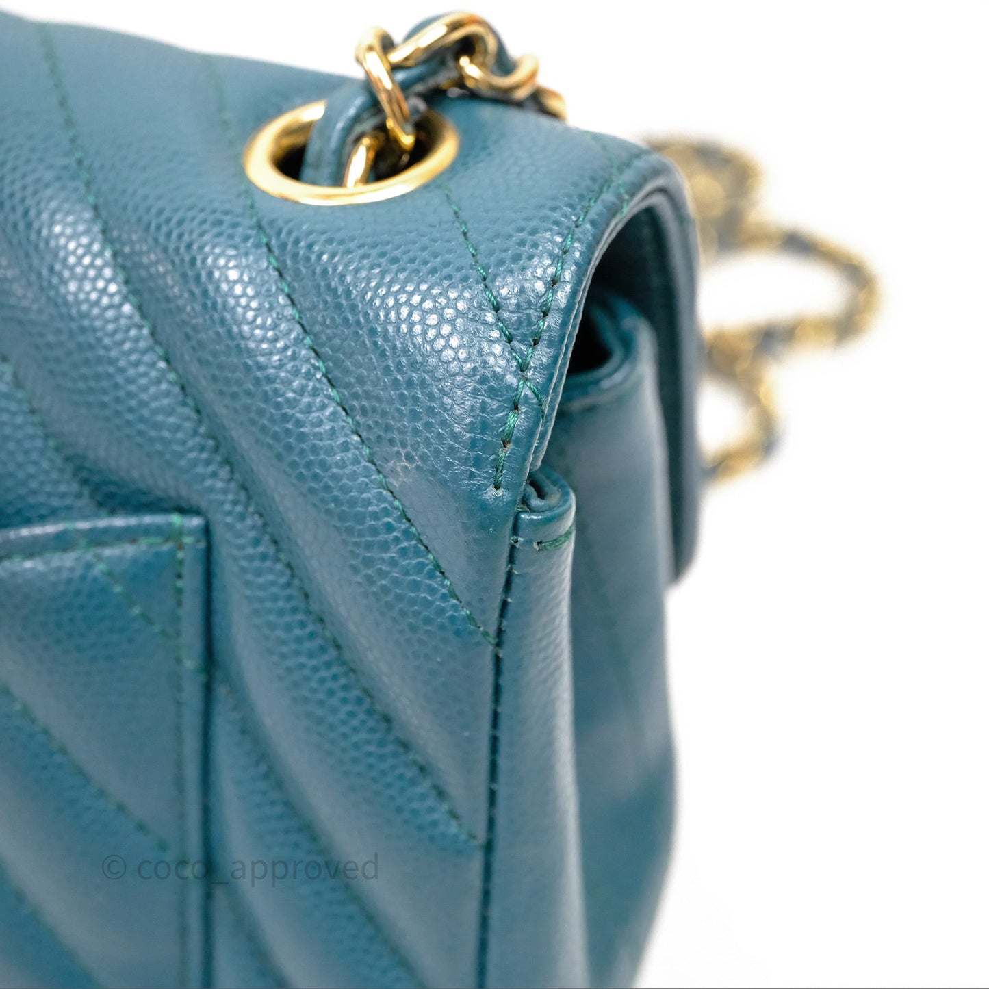 Chanel Mini Rectangular Chevron Caviar Flap Bag Green Gold Hardware