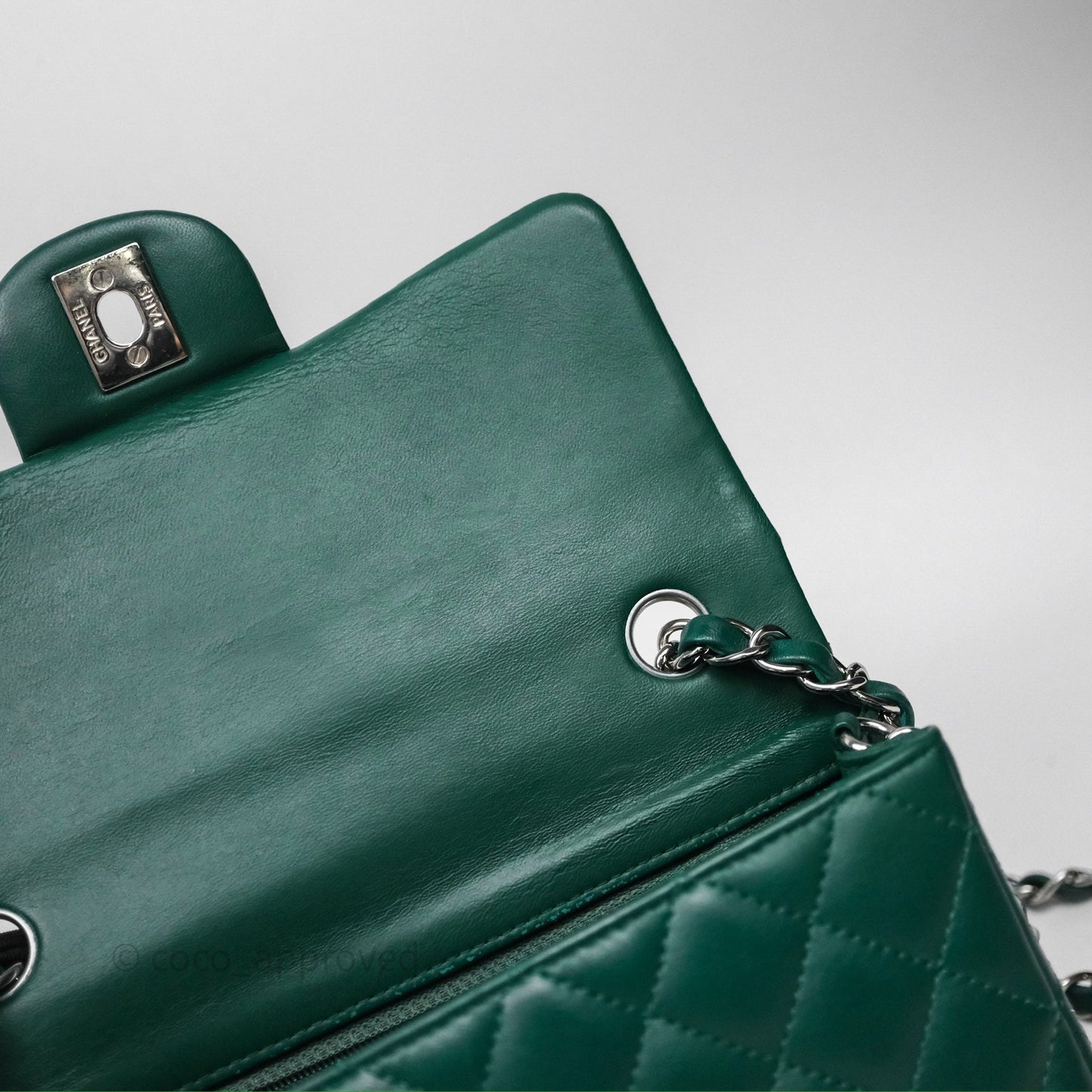 Chanel Mini Rectangular Quilted Lambskin Flap Bag Green Silver Hardware