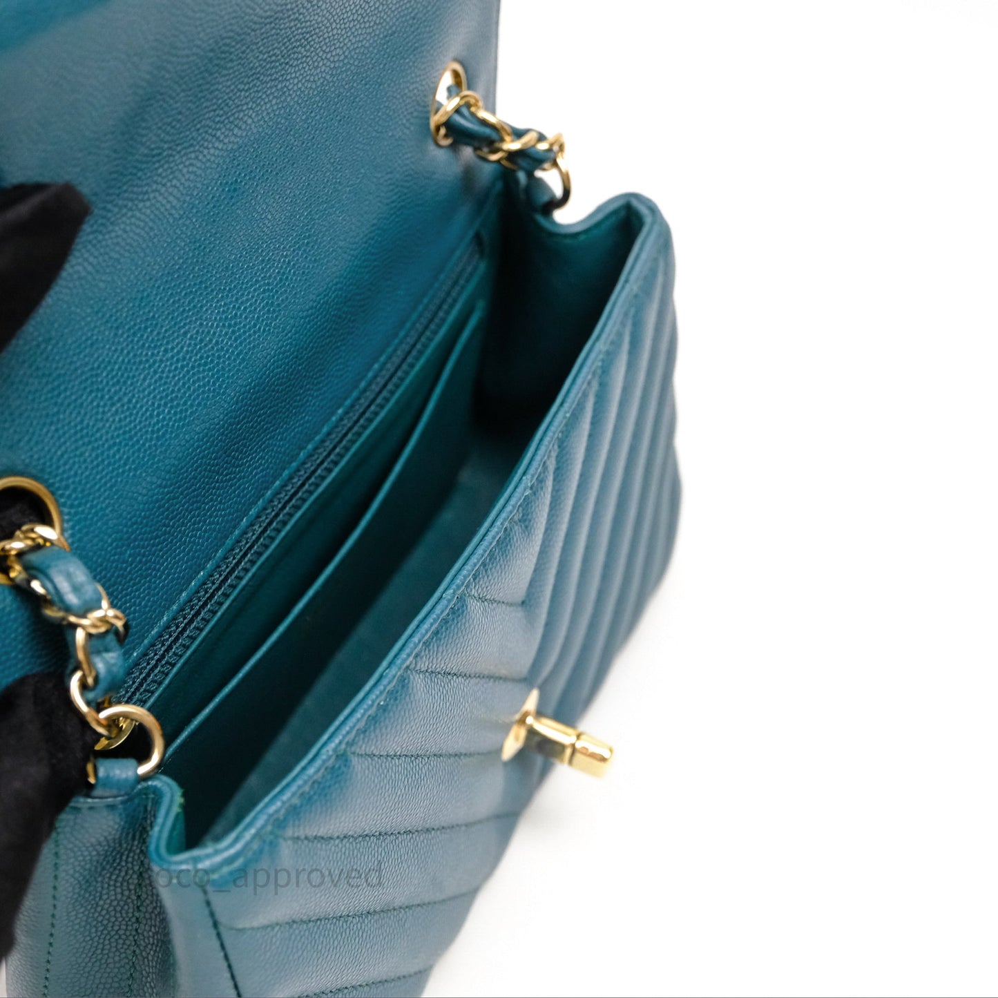 Chanel Mini Rectangular Chevron Caviar Flap Bag Green Gold Hardware