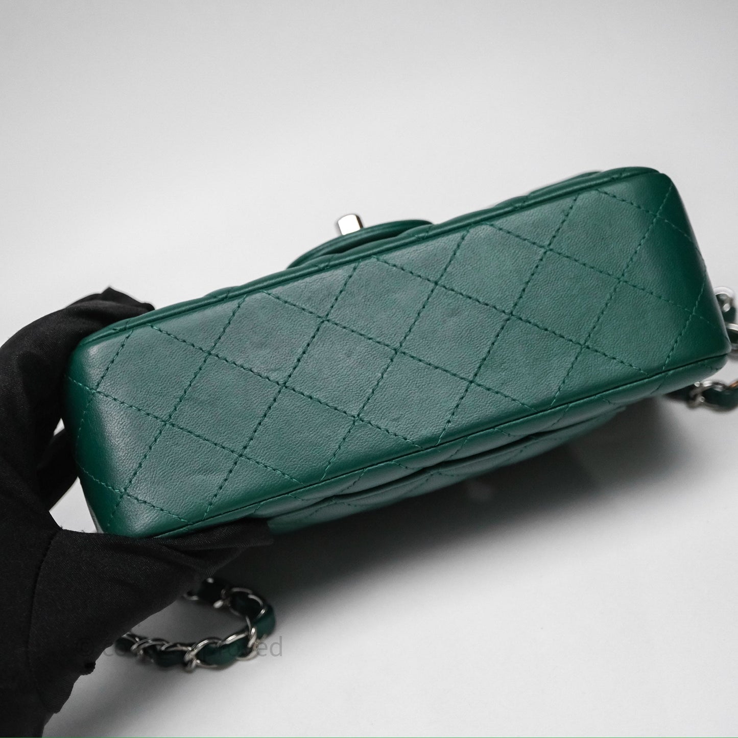 Chanel Mini Rectangular Quilted Lambskin Flap Bag Green Silver Hardware