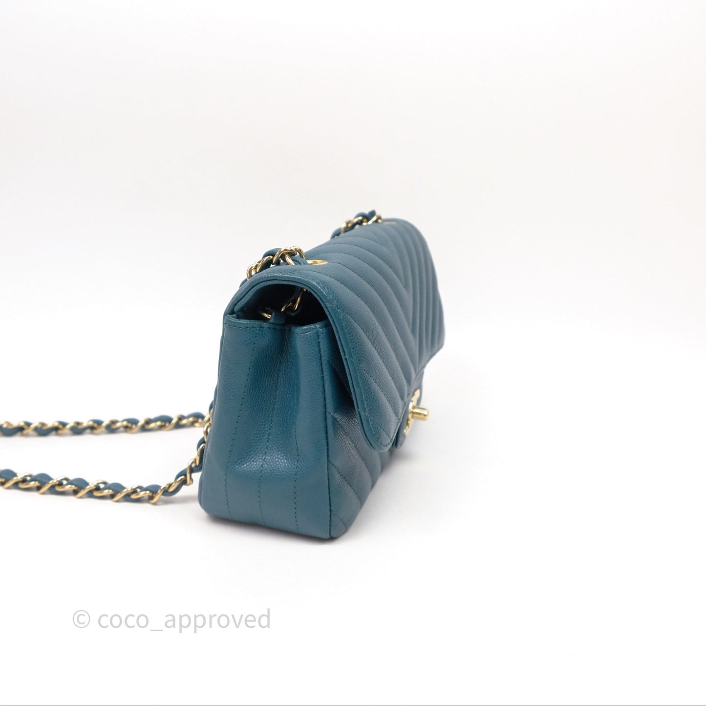 Chanel Mini Rectangular Chevron Caviar Flap Bag Green Gold Hardware
