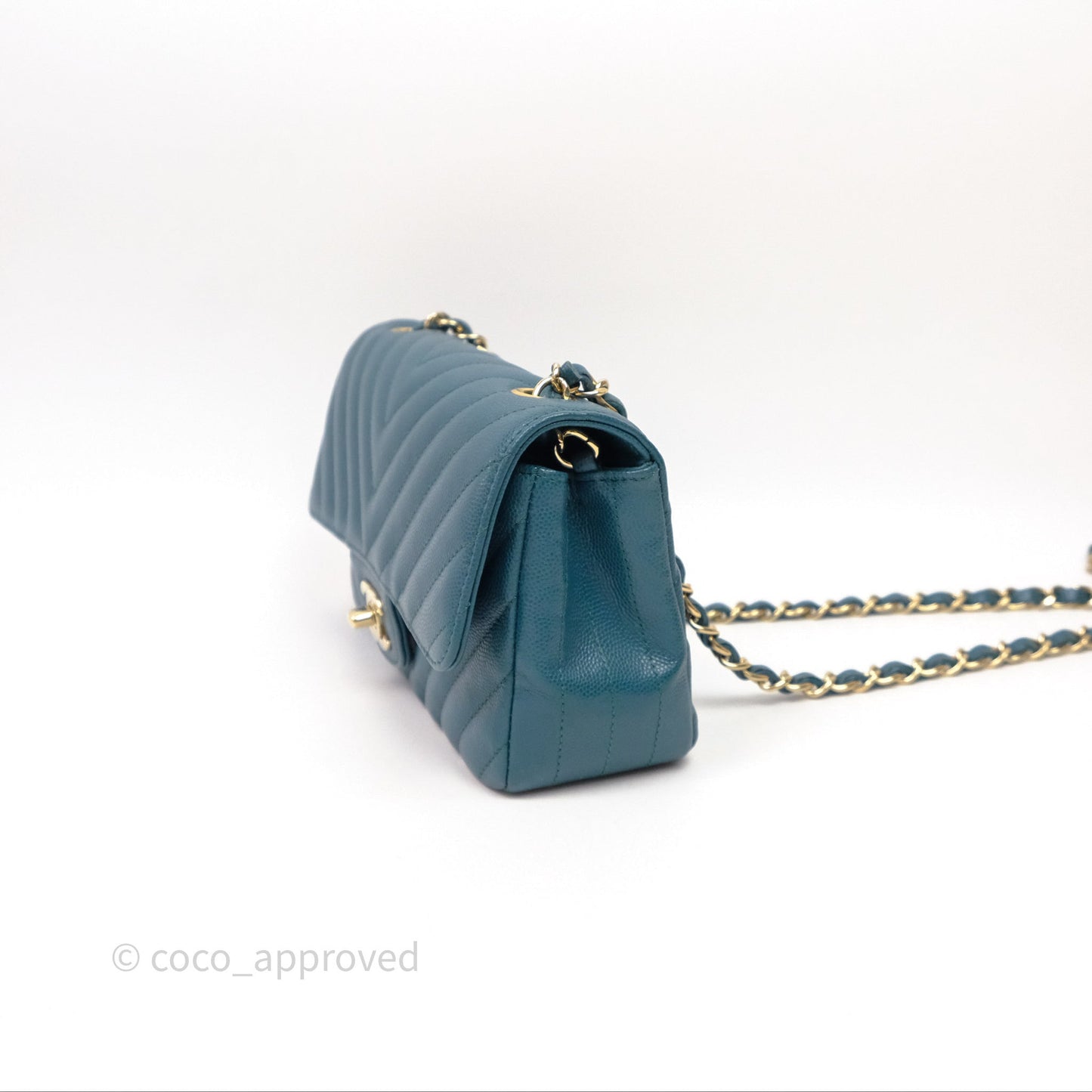 Chanel Mini Rectangular Chevron Caviar Flap Bag Green Gold Hardware