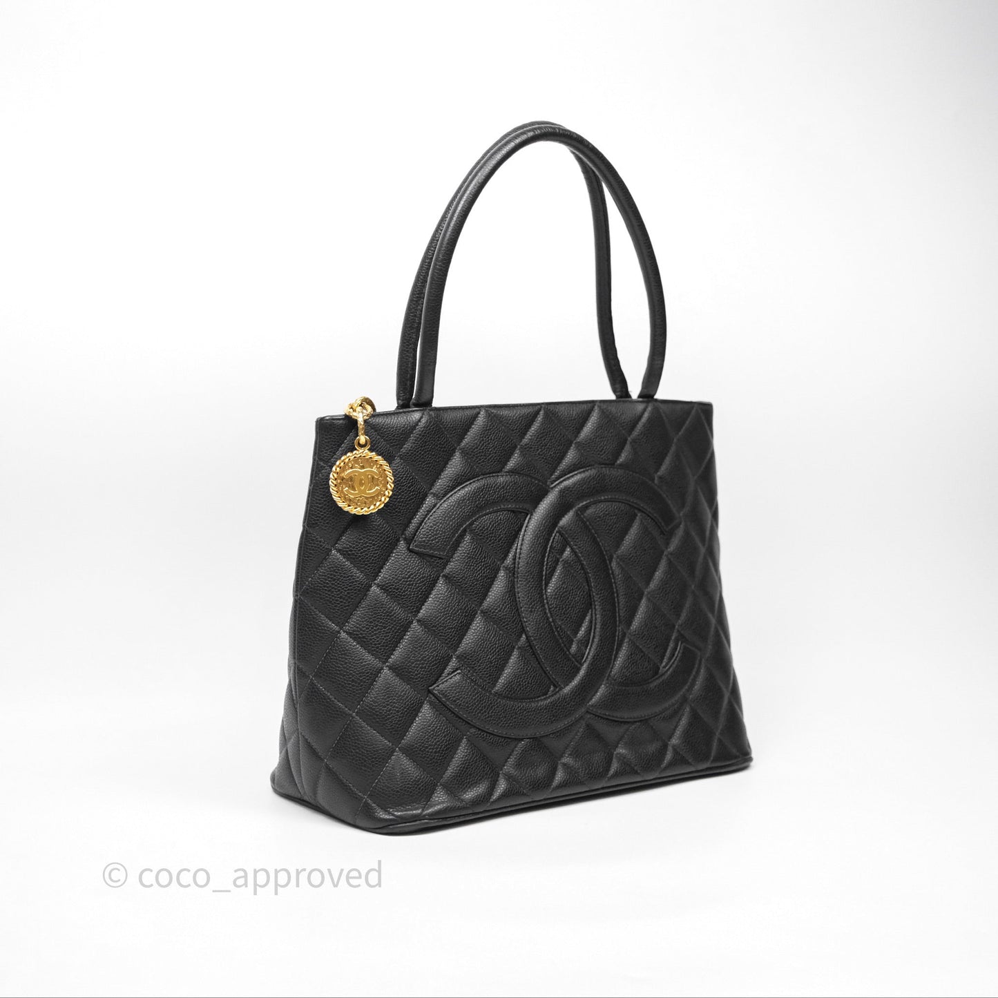 Chanel Vintage Medallion CC Black Caviar Tote Bag Gold Hardware