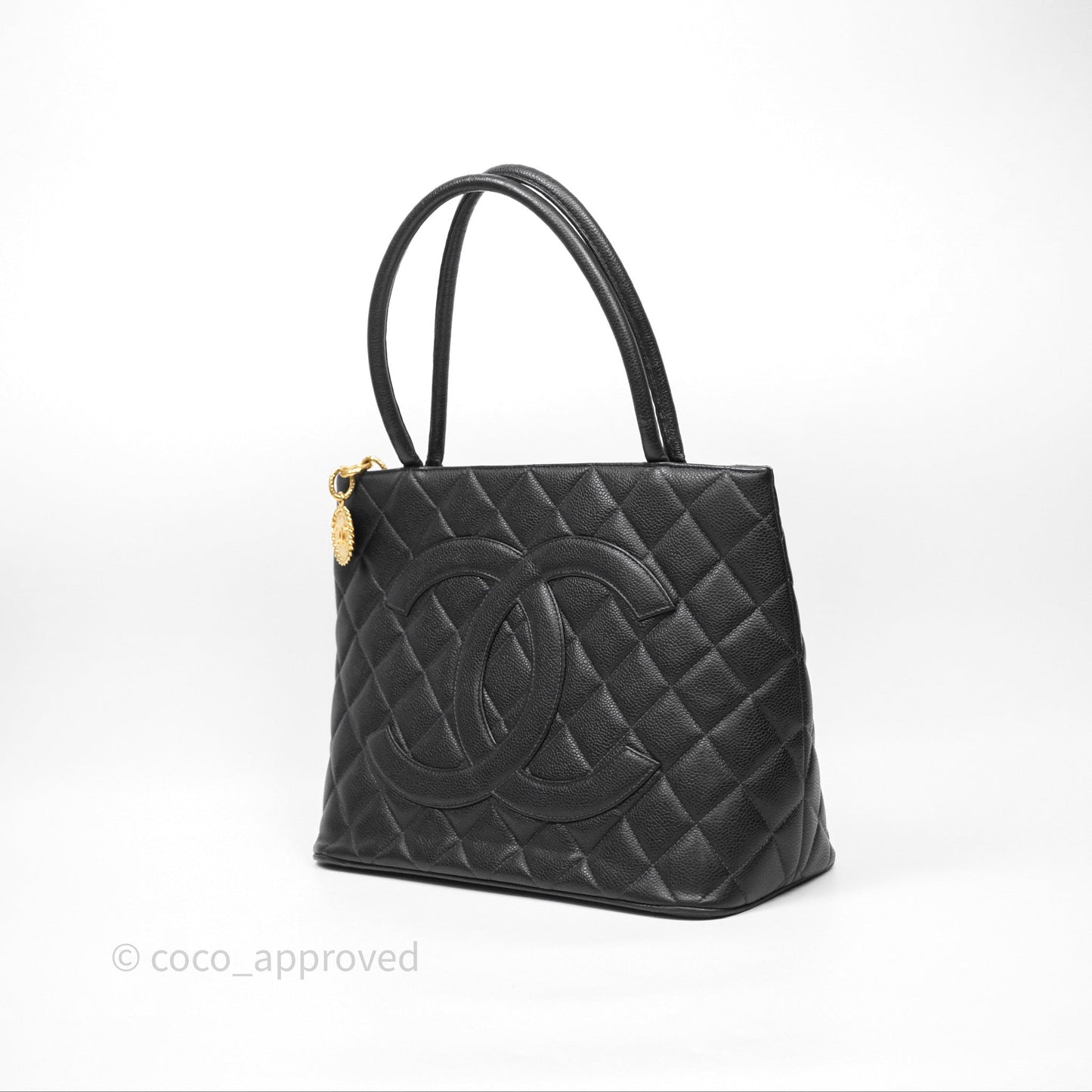 Chanel Vintage Medallion CC Black Caviar Tote Bag Gold Hardware