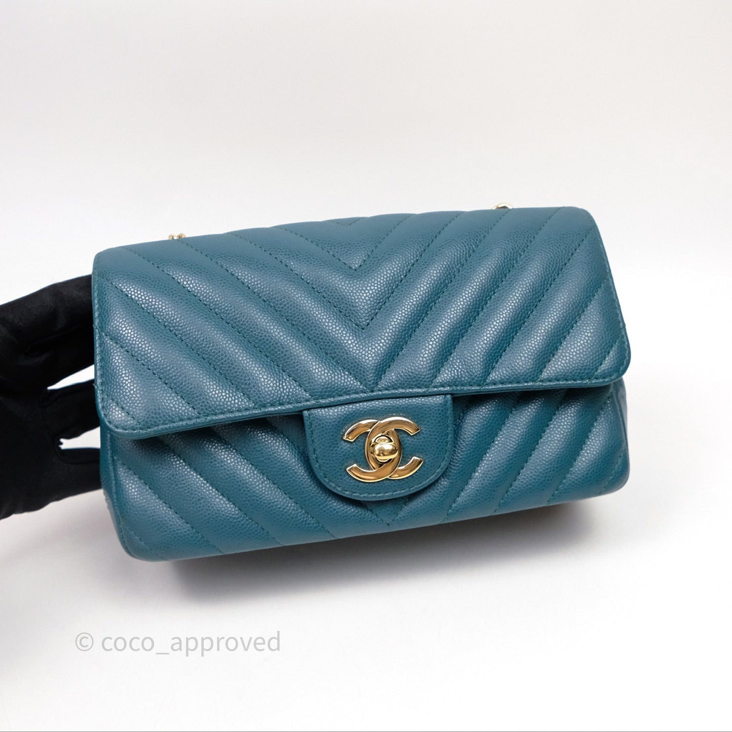 Chanel Mini Rectangular Chevron Caviar Flap Bag Green Gold Hardware
