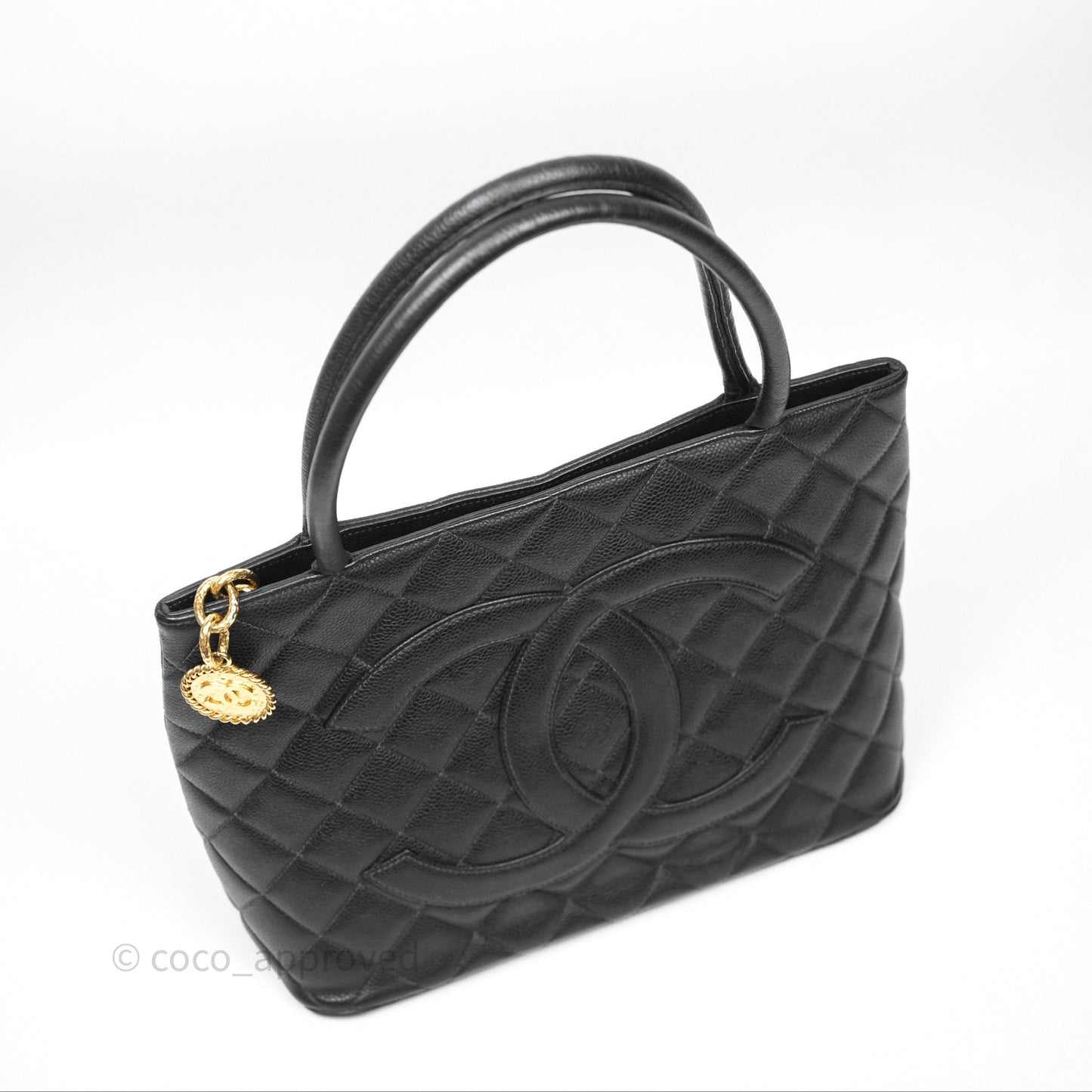 Chanel Vintage Medallion CC Black Caviar Tote Bag Gold Hardware