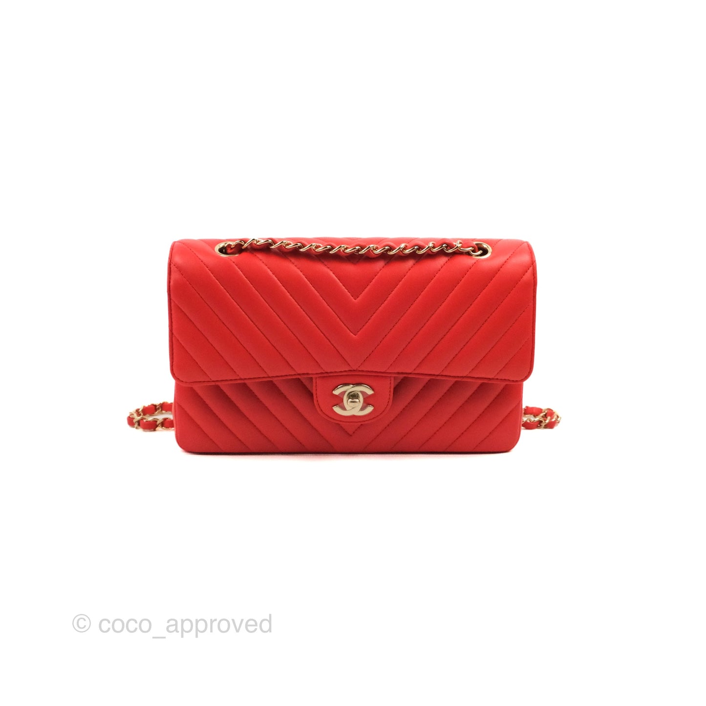 Chanel Classic M/L Medium Flap Chevron Red Lambskin Gold Hardware
