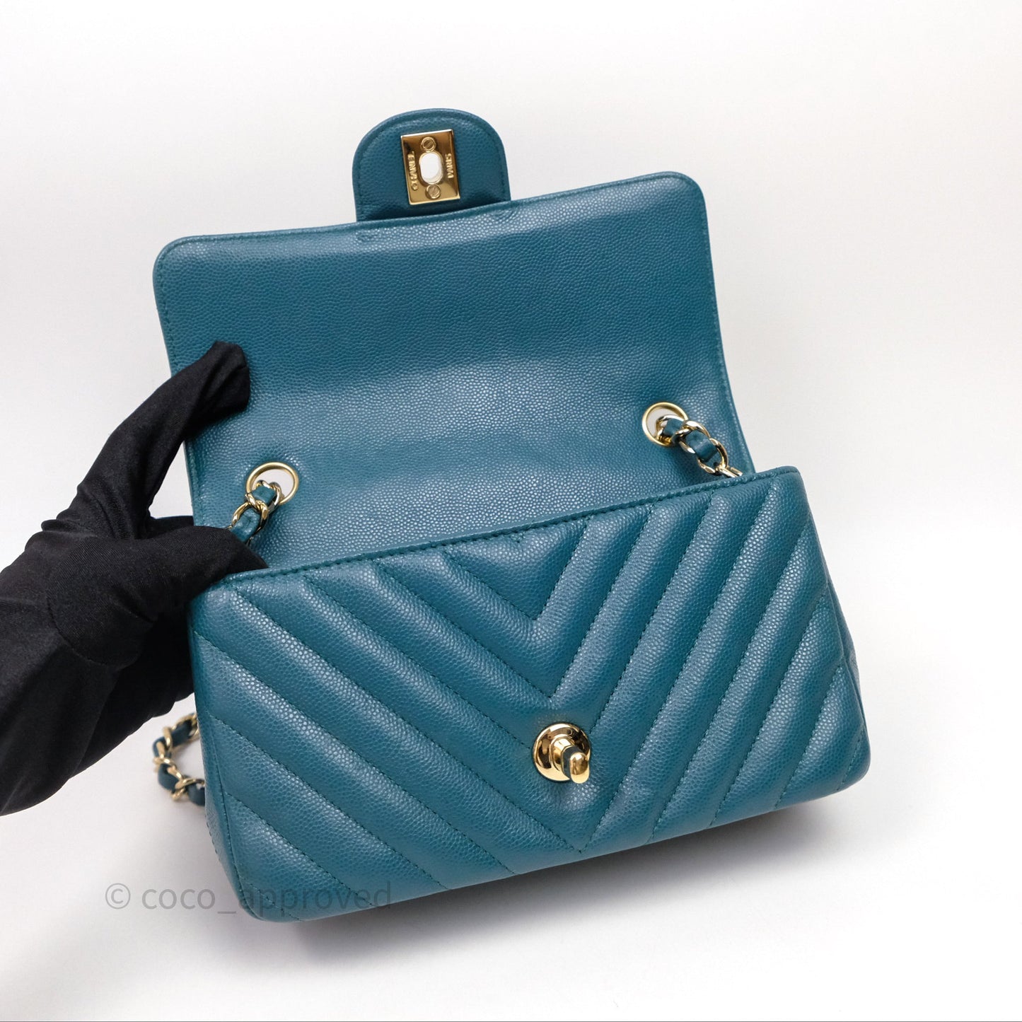 Chanel Mini Rectangular Chevron Caviar Flap Bag Green Gold Hardware