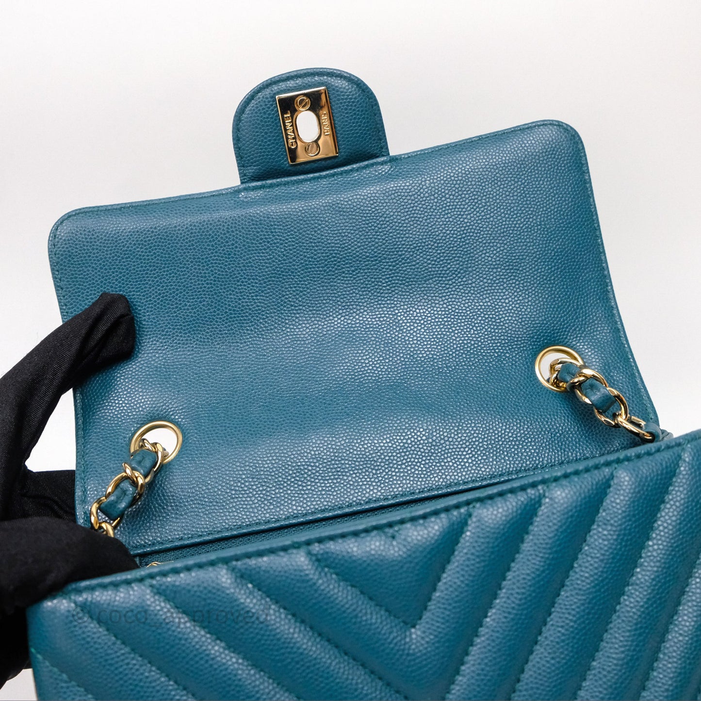 Chanel Mini Rectangular Chevron Caviar Flap Bag Green Gold Hardware
