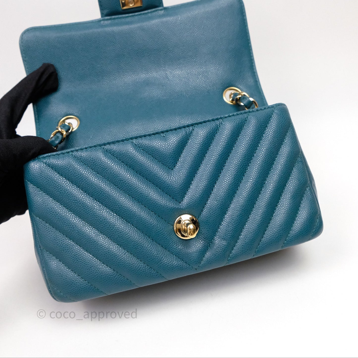 Chanel Mini Rectangular Chevron Caviar Flap Bag Green Gold Hardware