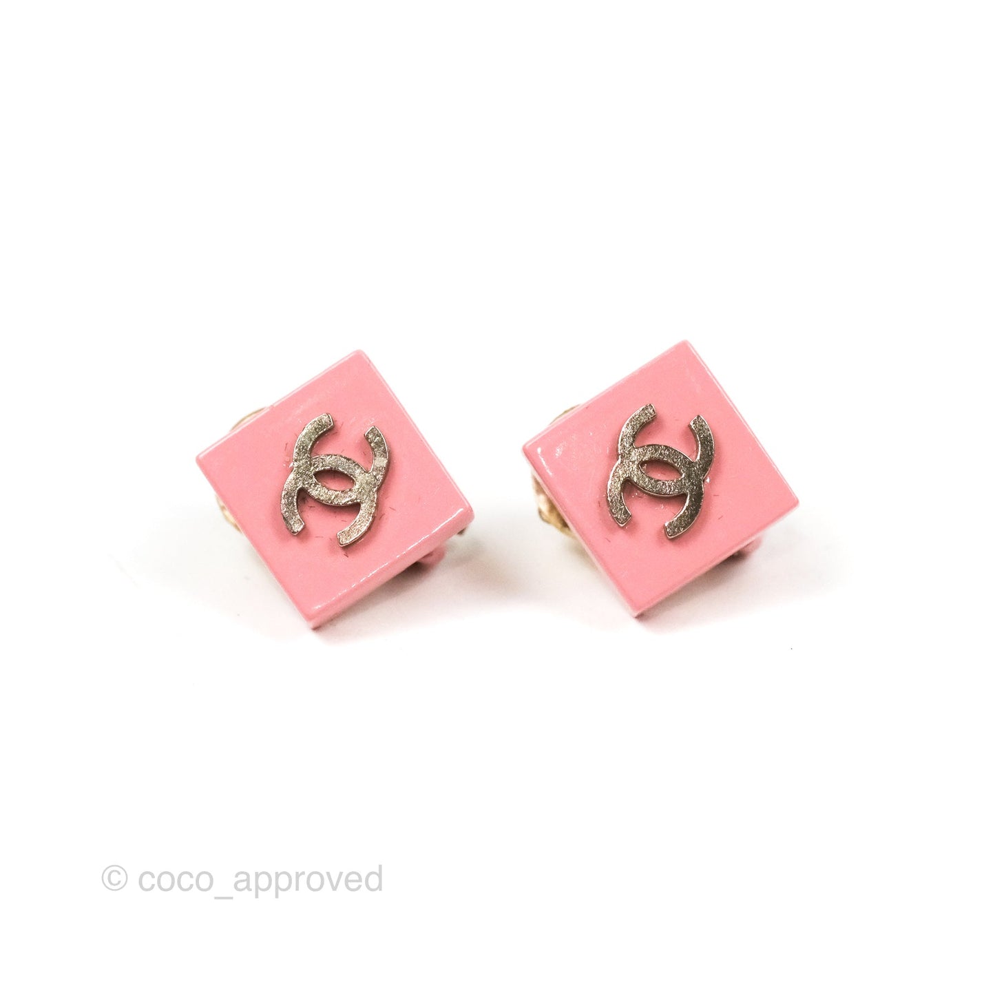 Chanel Vintage CC Pink Square Ear Clips Silver Tone 04P