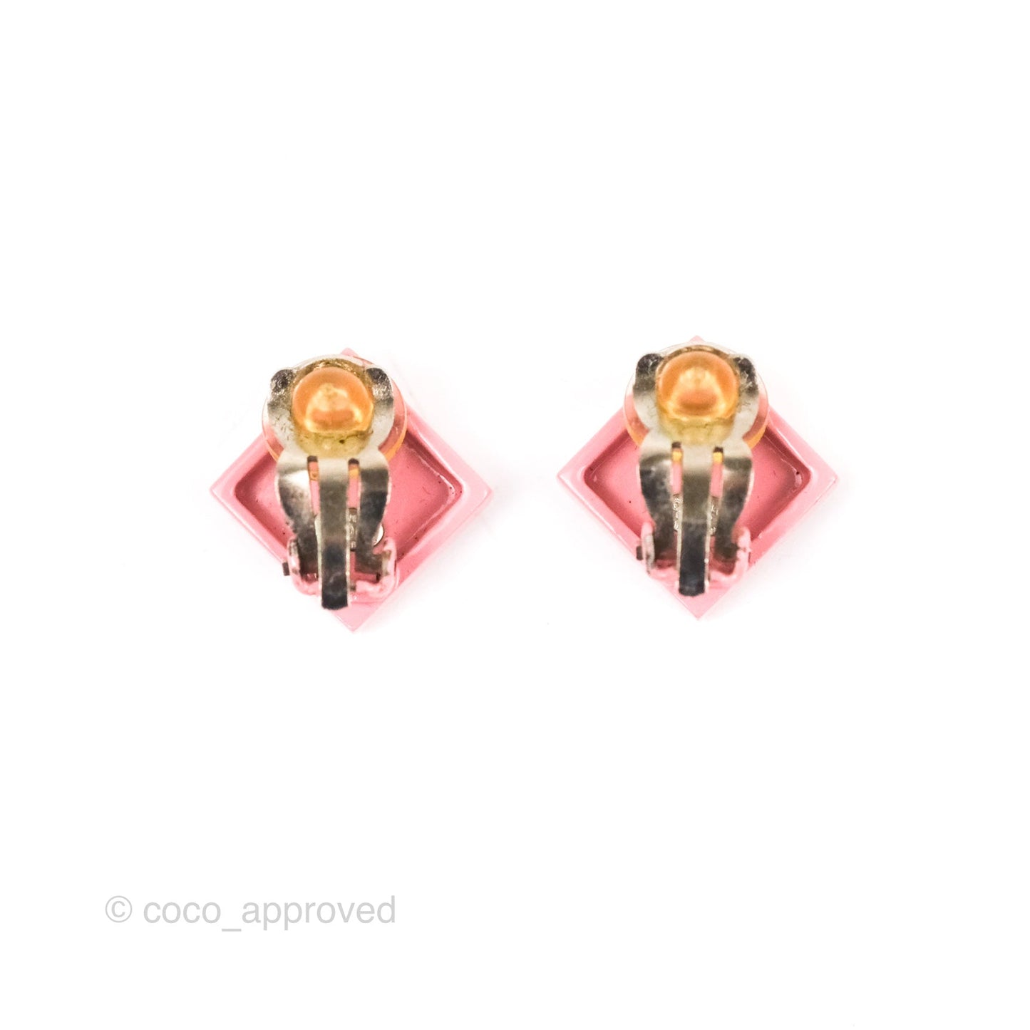 Chanel Vintage CC Pink Square Ear Clips Silver Tone 04P