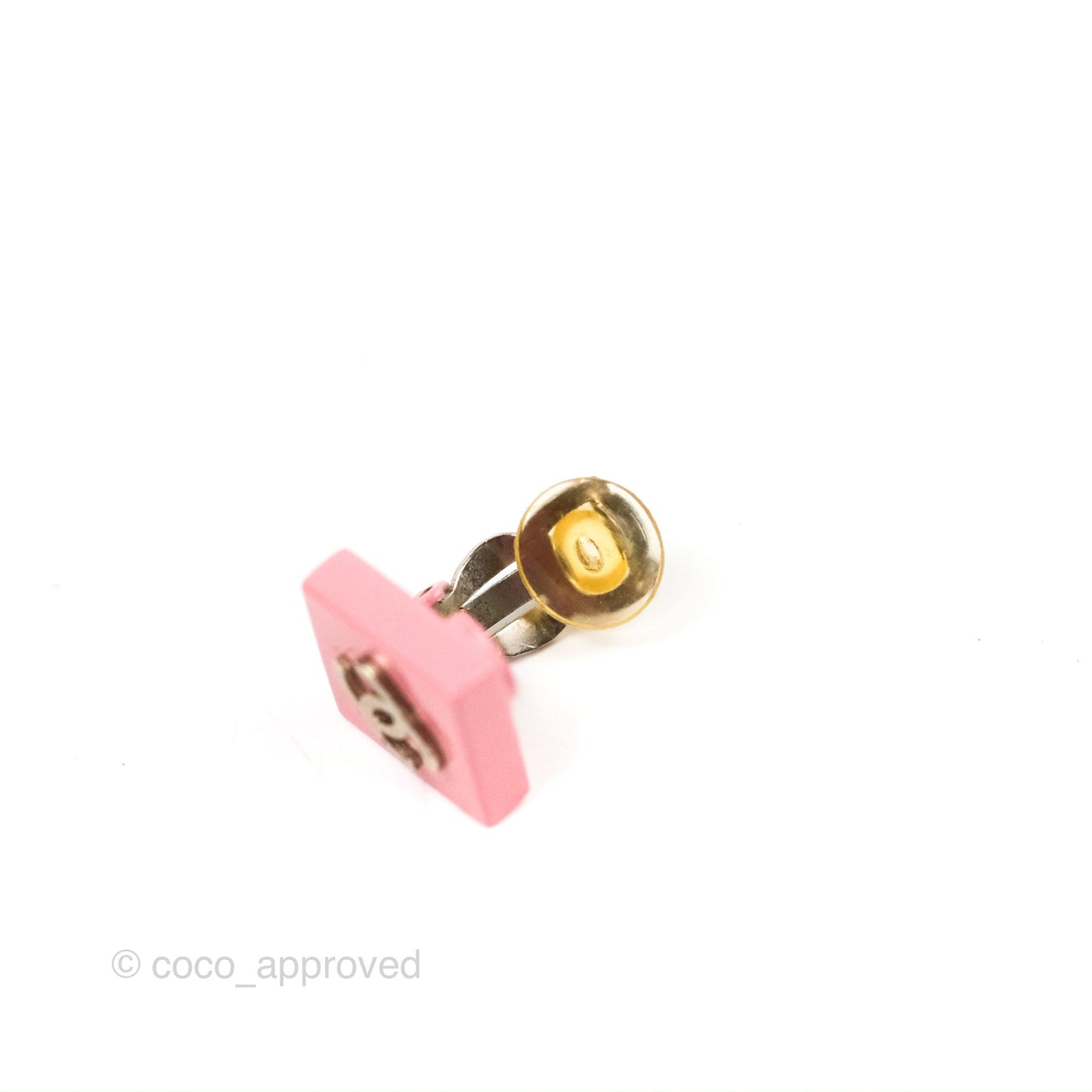 Chanel Vintage CC Pink Square Ear Clips Silver Tone 04P