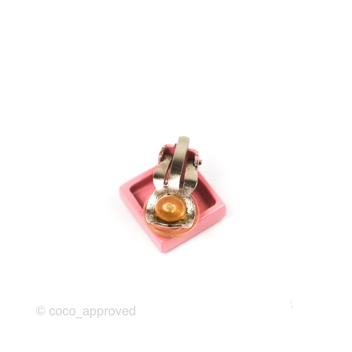 Chanel Vintage CC Pink Square Ear Clips Silver Tone 04P