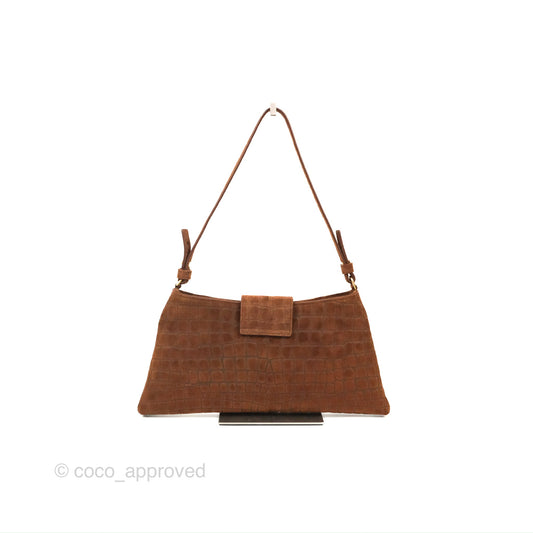 Celine Wiltern Clutch Triomphe Soft Crocodile Embossed Suede Calfskin Brown