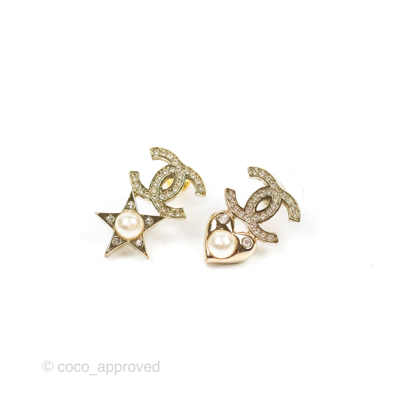 Chanel Crystal CC Star & Heart Pearl Earrings Gold Tone 19B
