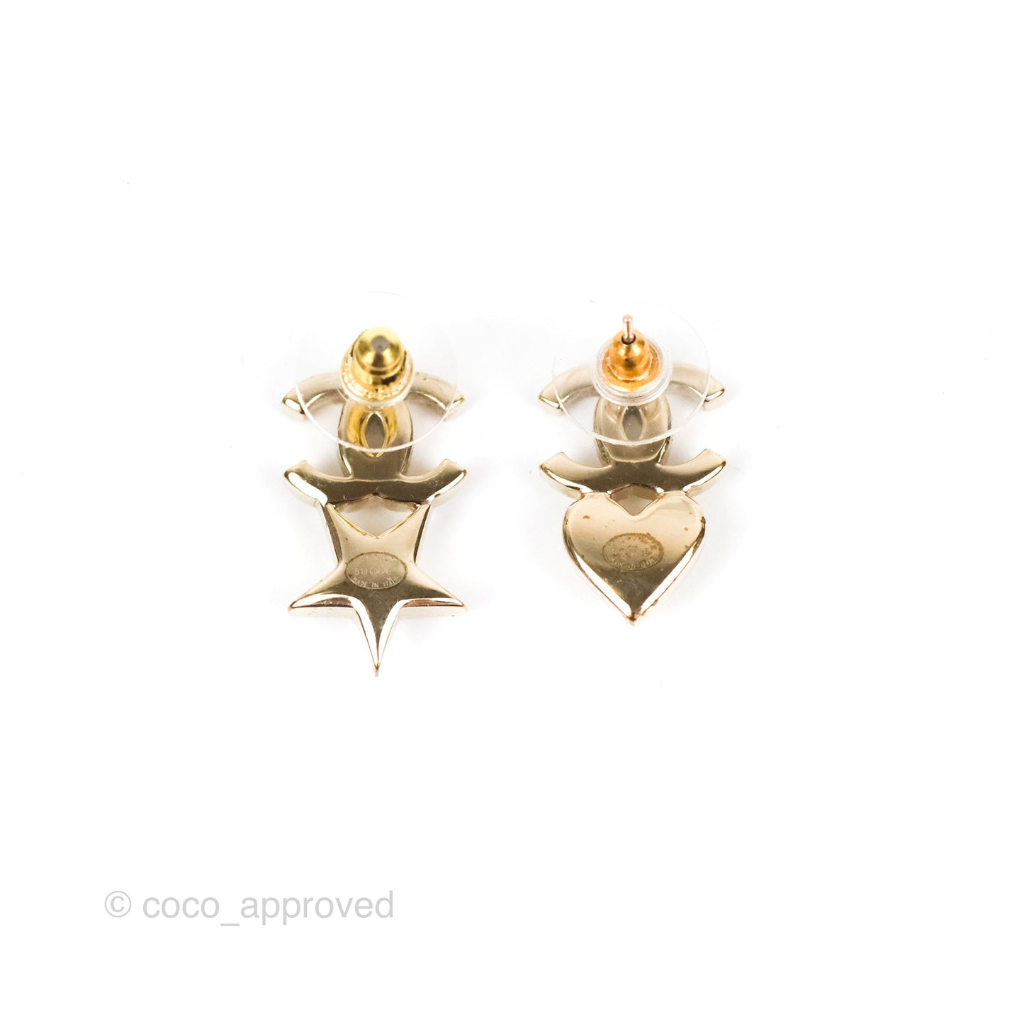 Chanel Crystal CC Star & Heart Pearl Earrings Gold Tone 19B