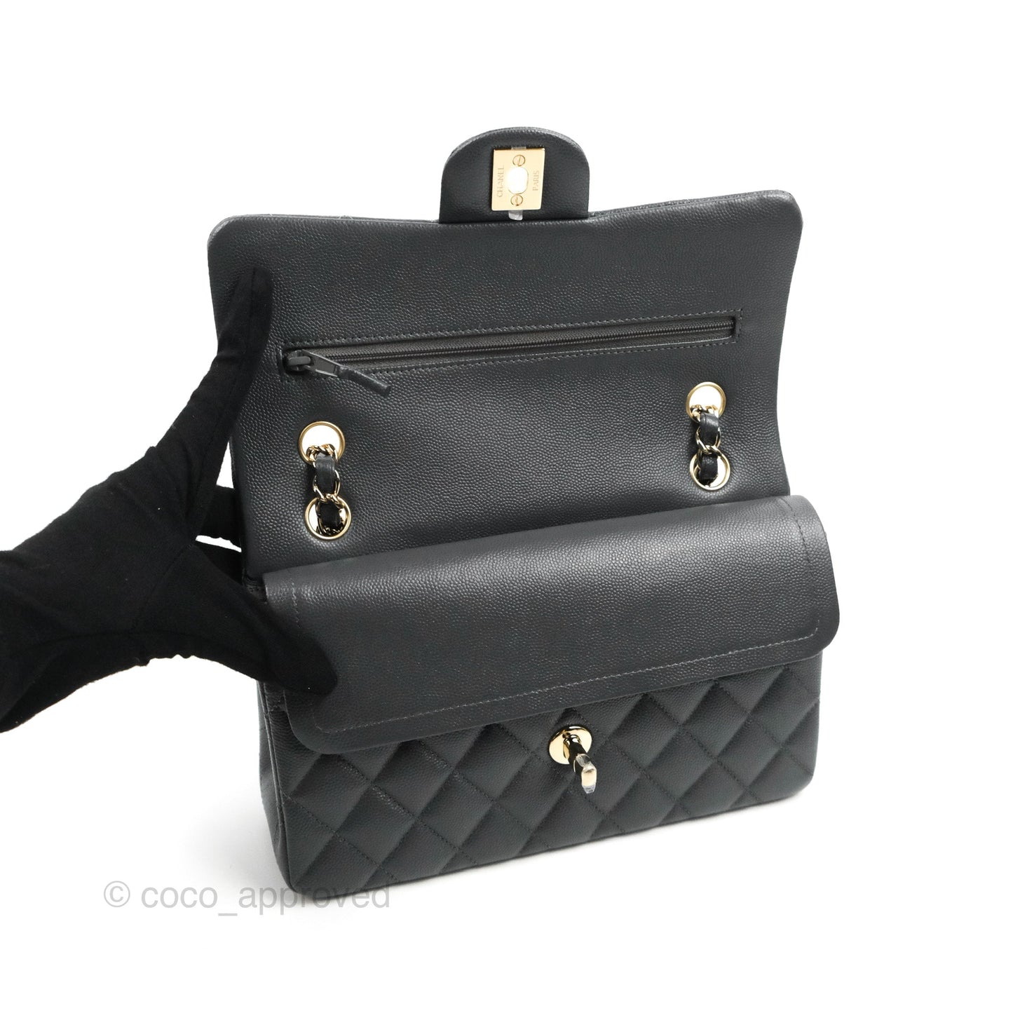 Chanel Small Classic Quilted Flap Dark Grey Caviar Gold Hardware