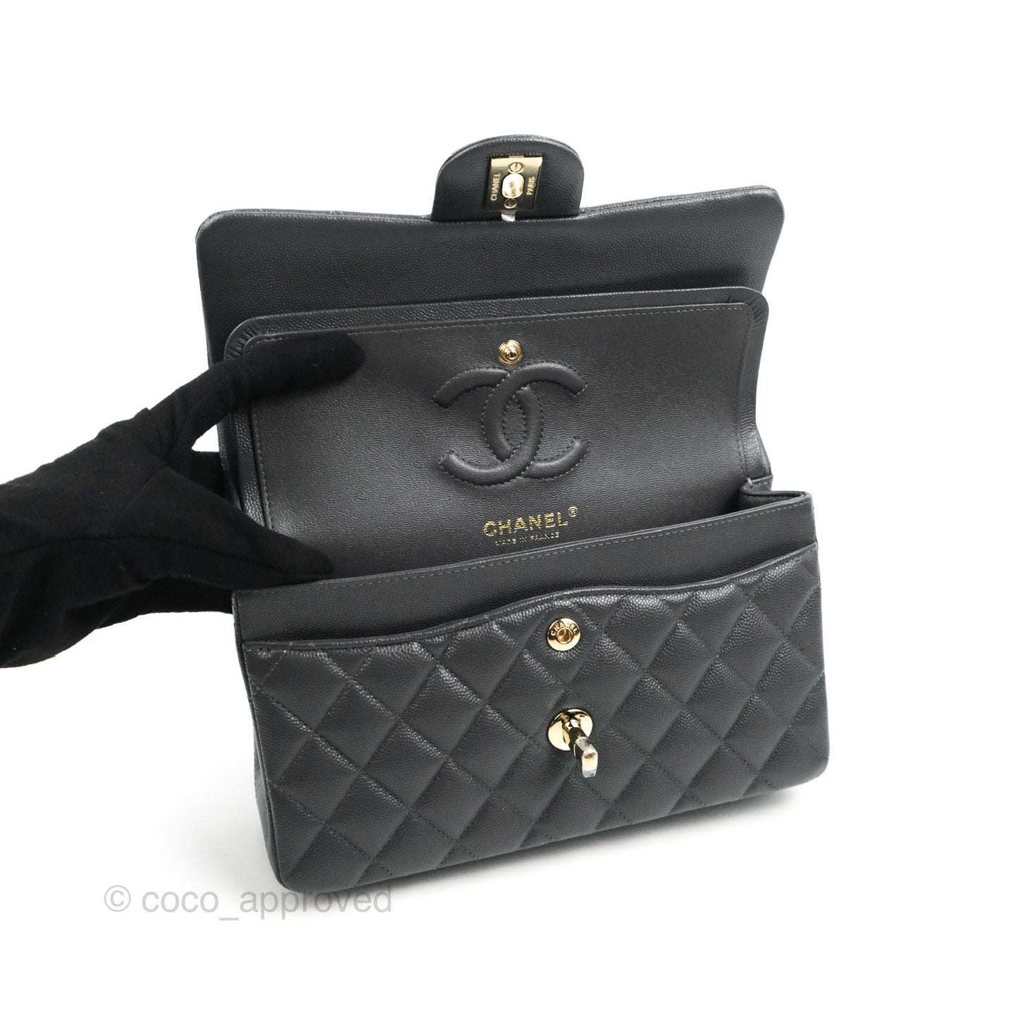Chanel Small Classic Quilted Flap Dark Grey Caviar Gold Hardware