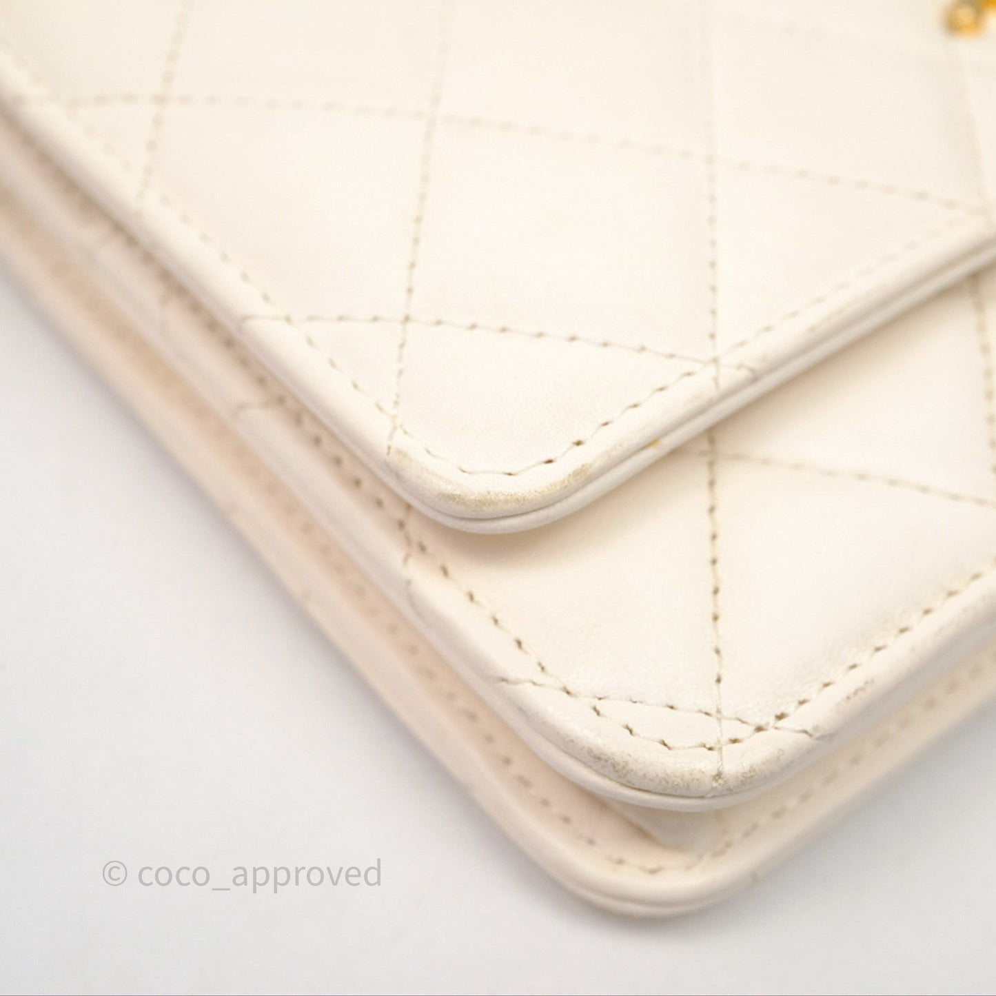 Chanel Quilted Pearl Crush Wallet on Chain WOC Ivory White Lambskin Aged Gold Hardware