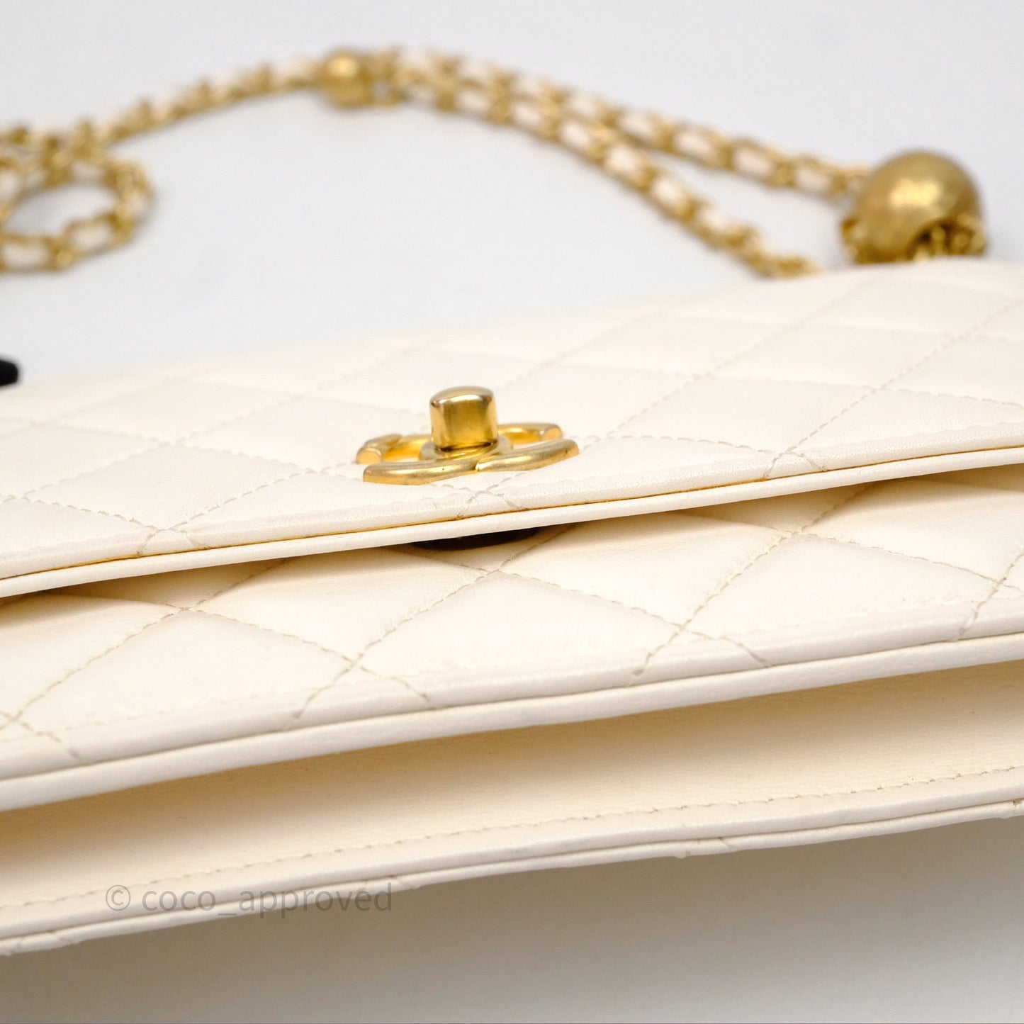Chanel Quilted Pearl Crush Wallet on Chain WOC Ivory White Lambskin Aged Gold Hardware
