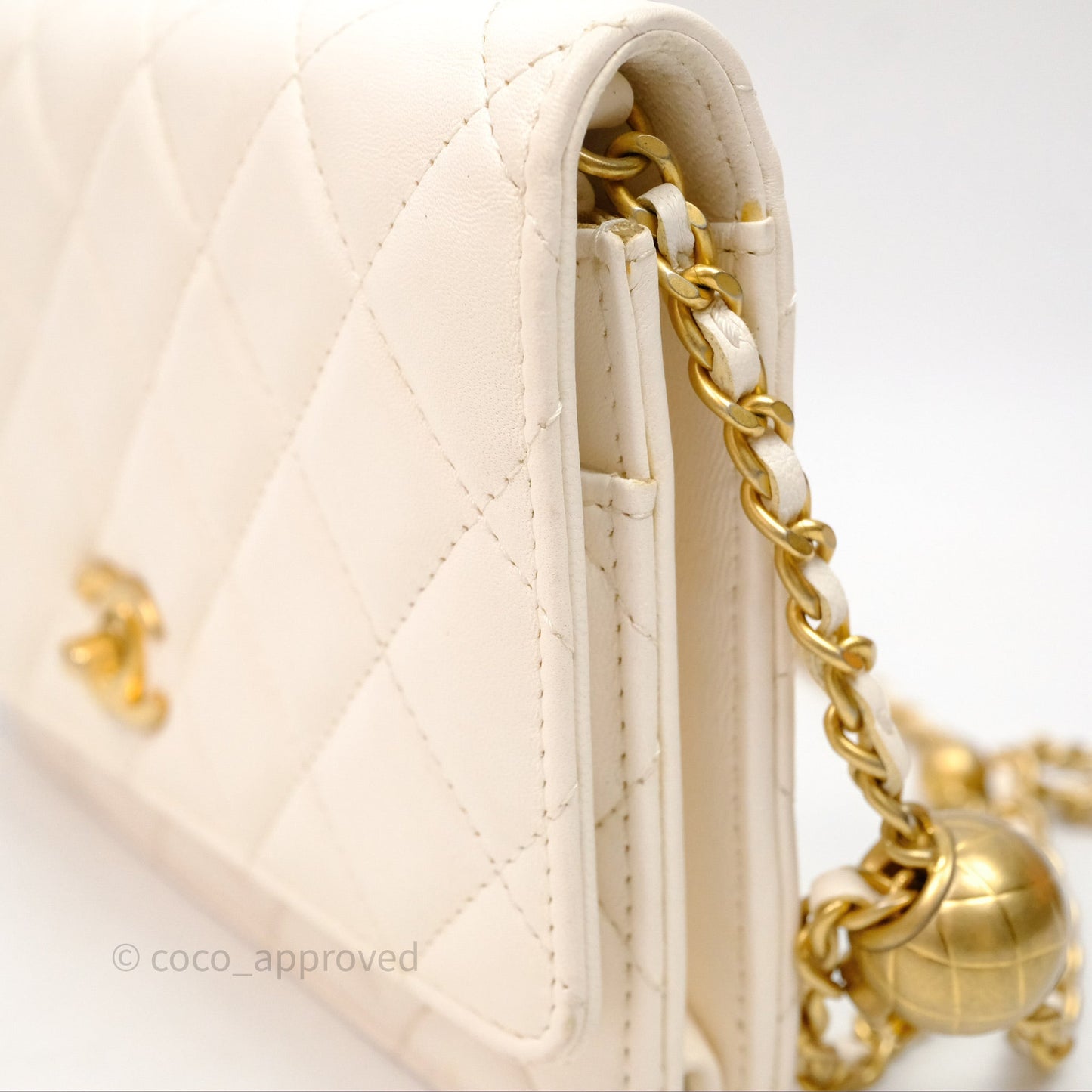 Chanel Quilted Pearl Crush Wallet on Chain WOC Ivory White Lambskin Aged Gold Hardware