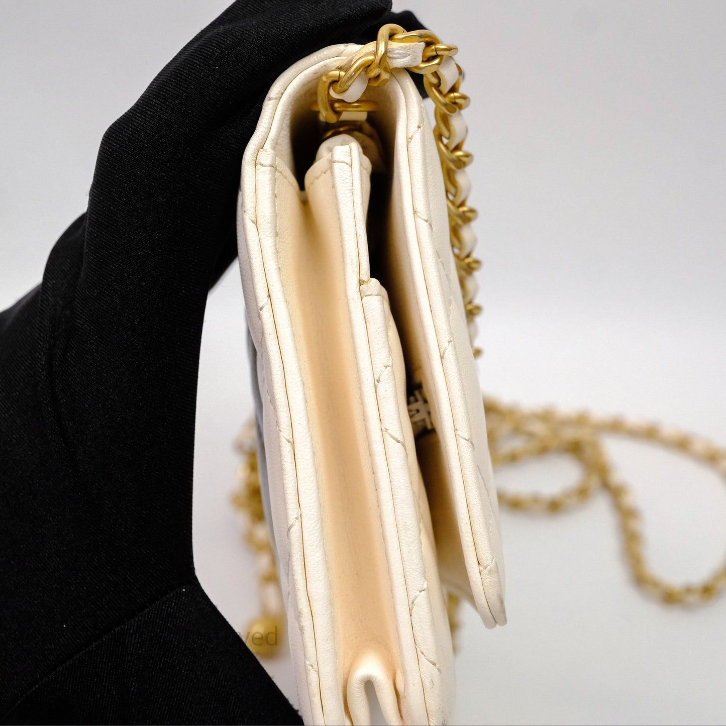 Chanel Quilted Pearl Crush Wallet on Chain WOC Ivory White Lambskin Aged Gold Hardware